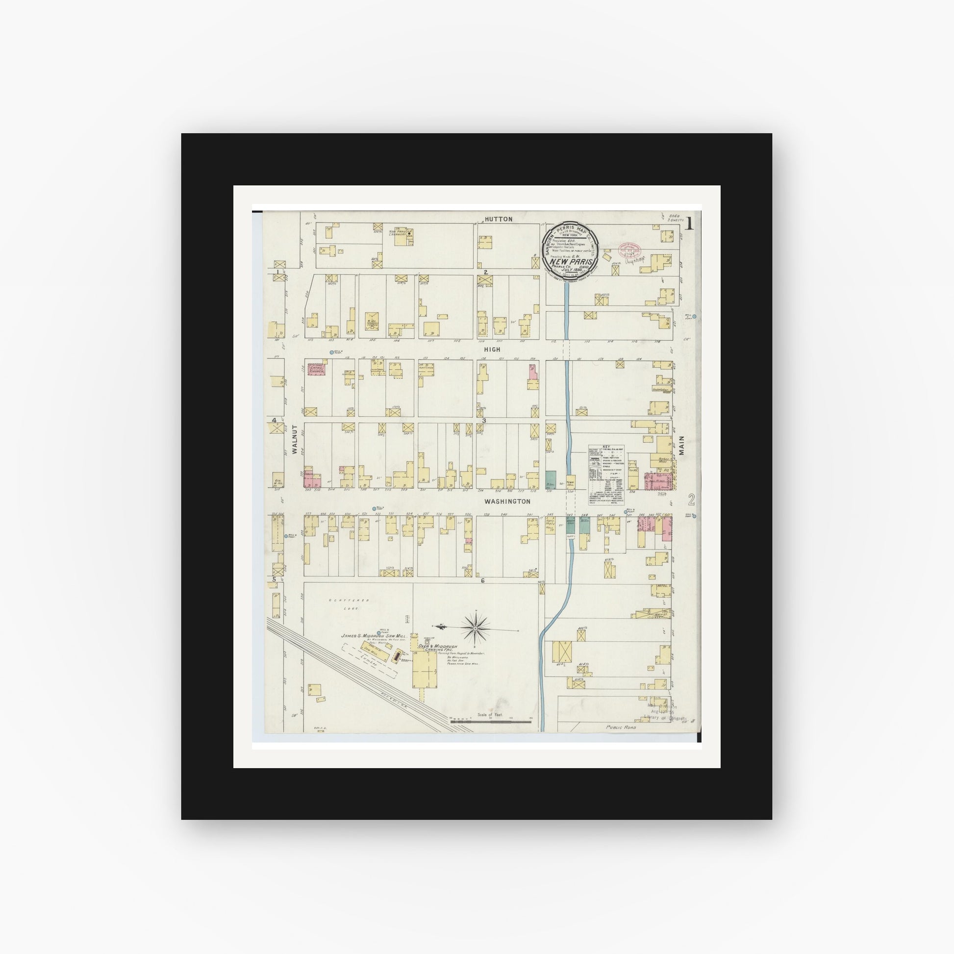 Old map wall art mockup — black gallery frame with white mat — Sanborn Fire Insurance Map from New Paris, Preble County, Ohio (1895), Sheet #0001