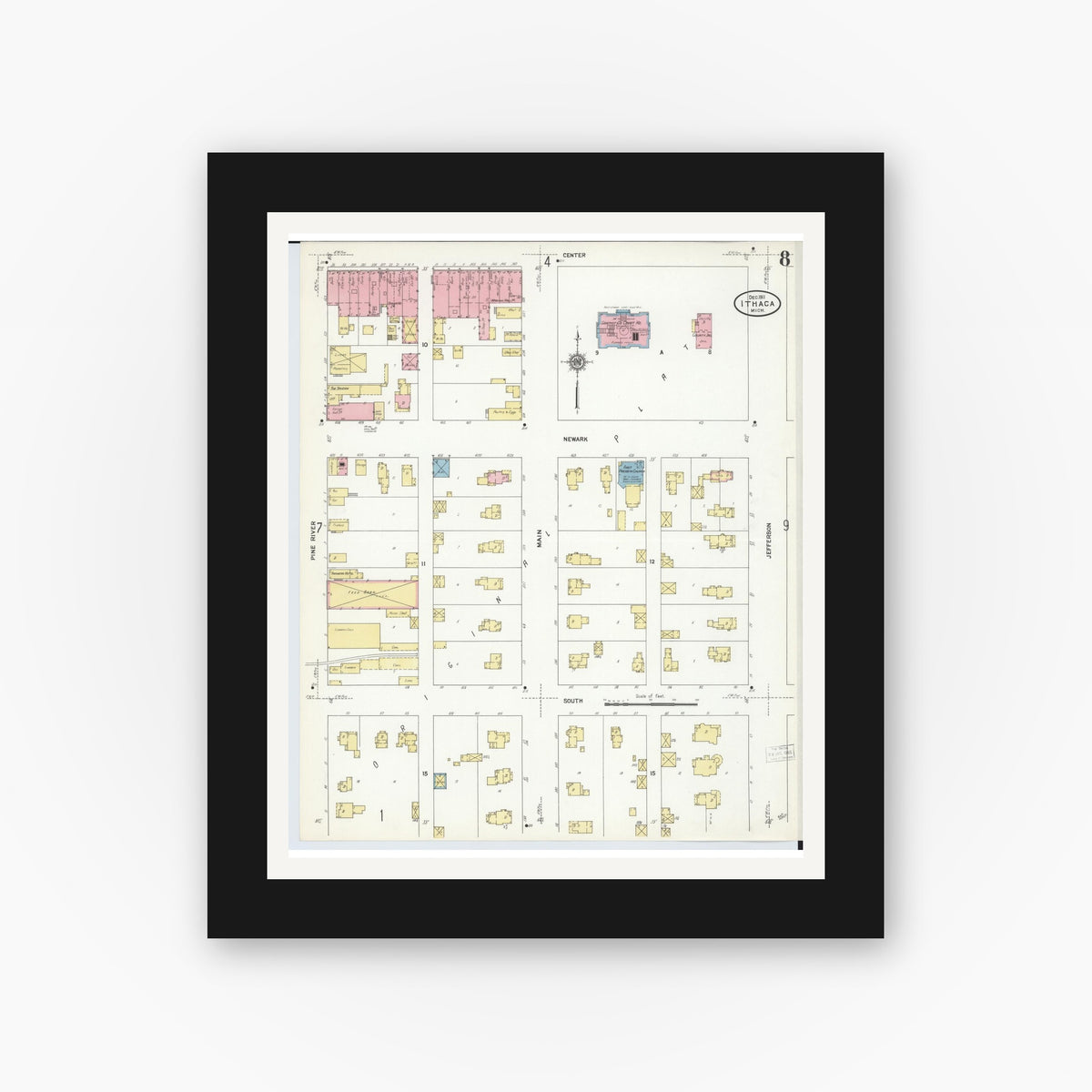Old map wall art mockup — black gallery frame with white mat — Sanborn Fire Insurance Map from Ithaca, Gratiot County, Michigan (1911), Sheet #0008