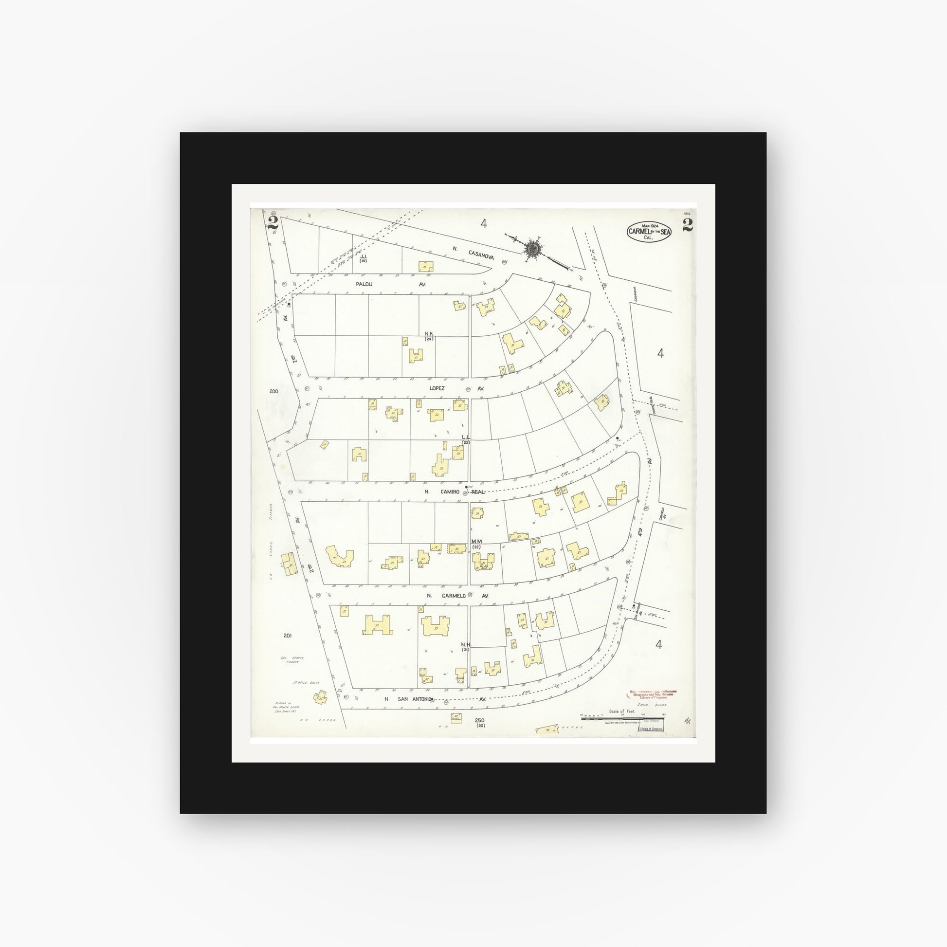 Old map wall art mockup — black gallery frame with white mat — Sanborn Fire Insurance Map from Carmel By The Sea, Monterey County, California (1924), Sheet #0002