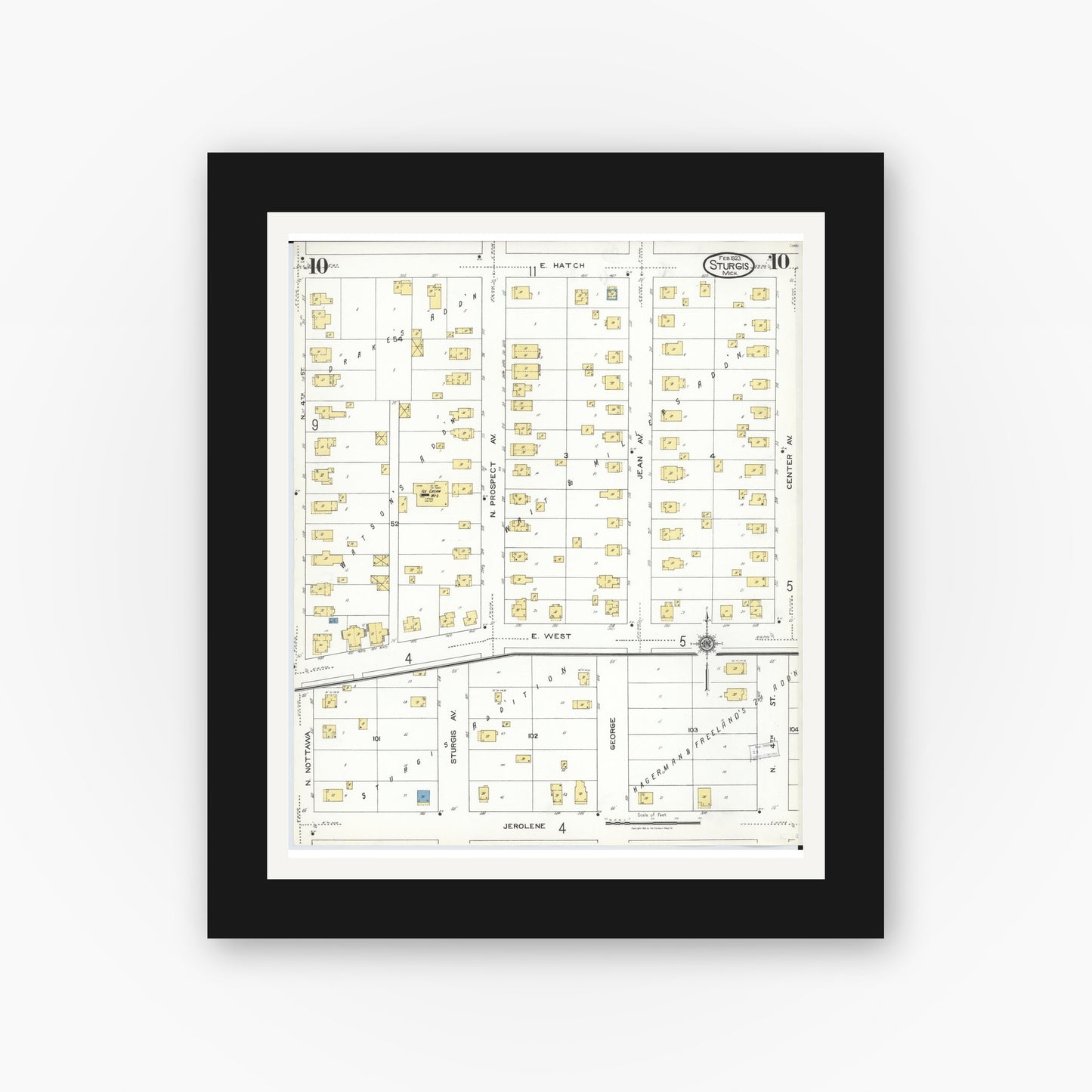 Old map wall art mockup — black gallery frame with white mat — Sanborn Fire Insurance Map from Sturgis, Saint Joseph County, Michigan (1923), Sheet #0010