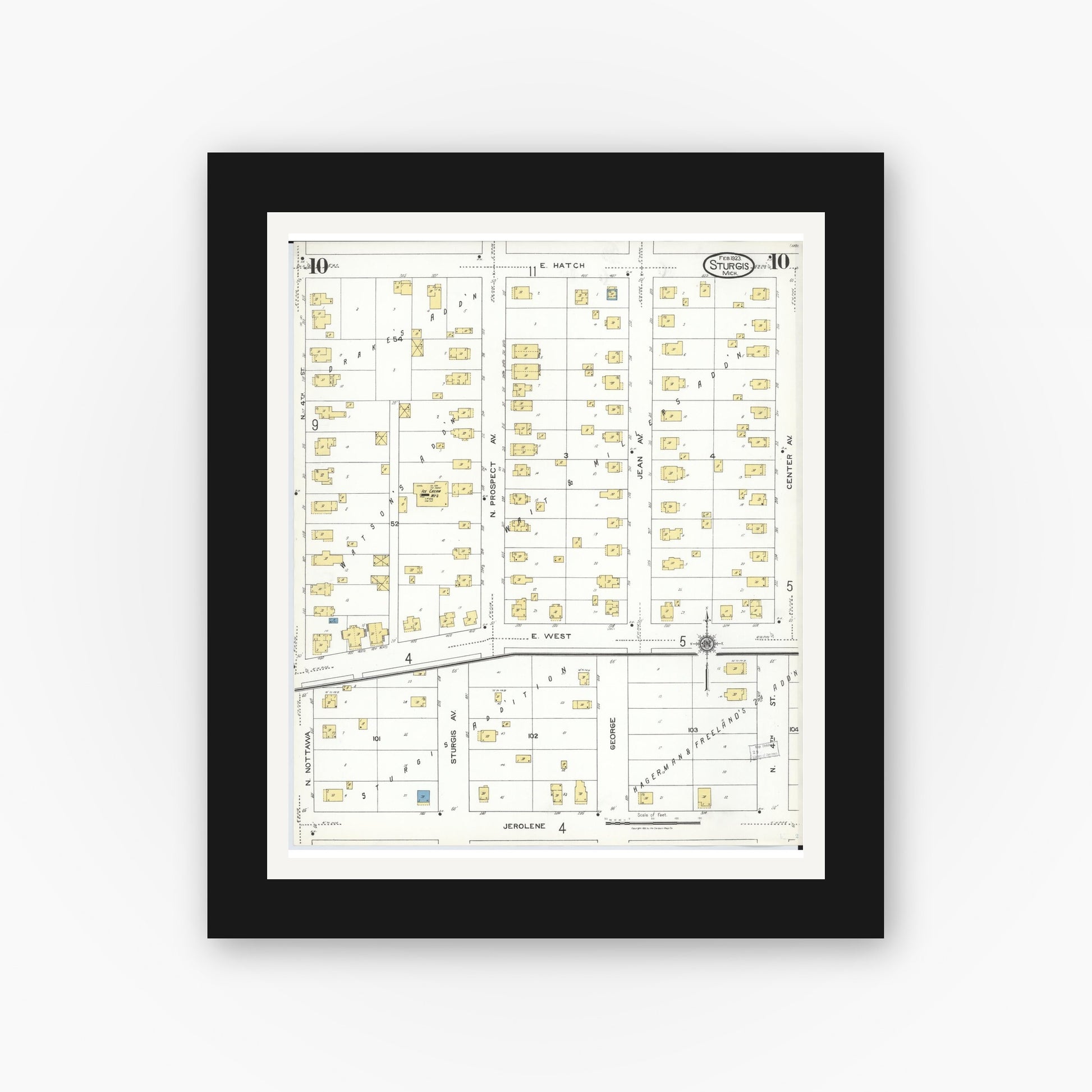 Old map wall art mockup — black gallery frame with white mat — Sanborn Fire Insurance Map from Sturgis, Saint Joseph County, Michigan (1923), Sheet #0010