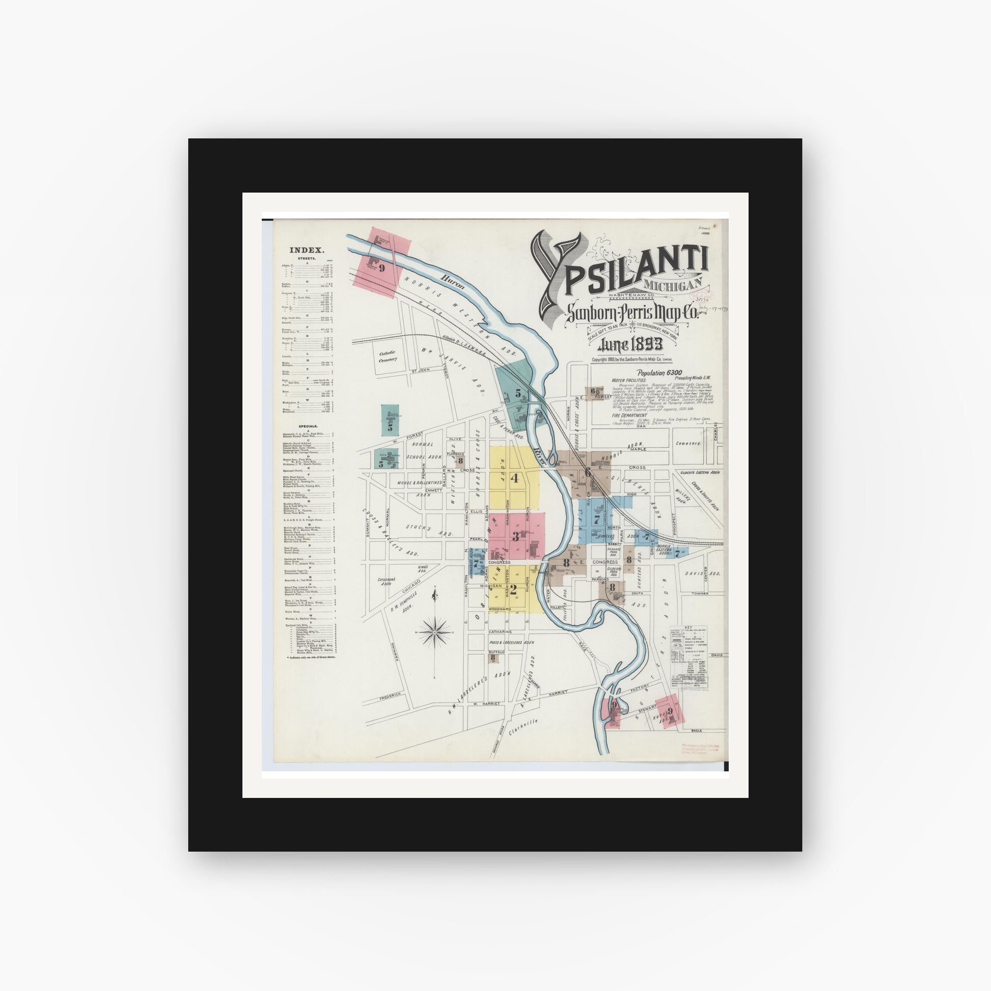 Old map wall art mockup — black gallery frame with white mat — Sanborn Fire Insurance Map from Ypsilanti, Washtenaw County, Michigan (1893), Sheet #0001