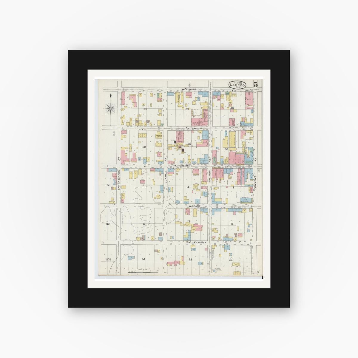 Old map wall art mockup — black gallery frame with white mat — Sanborn Fire Insurance Map from Laredo, Webb County, Texas (1894), Sheet #0005