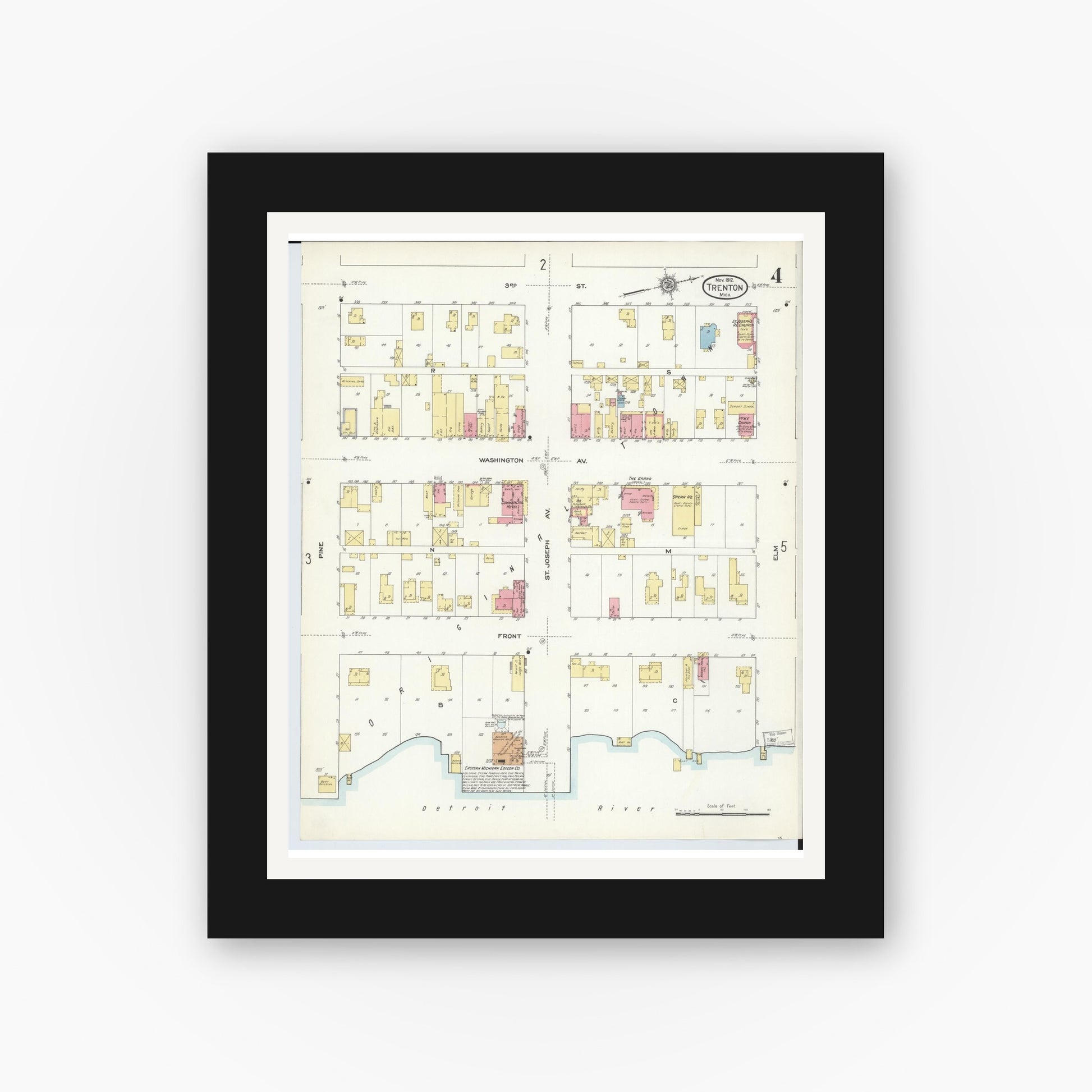 Old map wall art mockup — black gallery frame with white mat — Sanborn Fire Insurance Map from Trenton, Wayne County, Michigan (1912), Sheet #0004