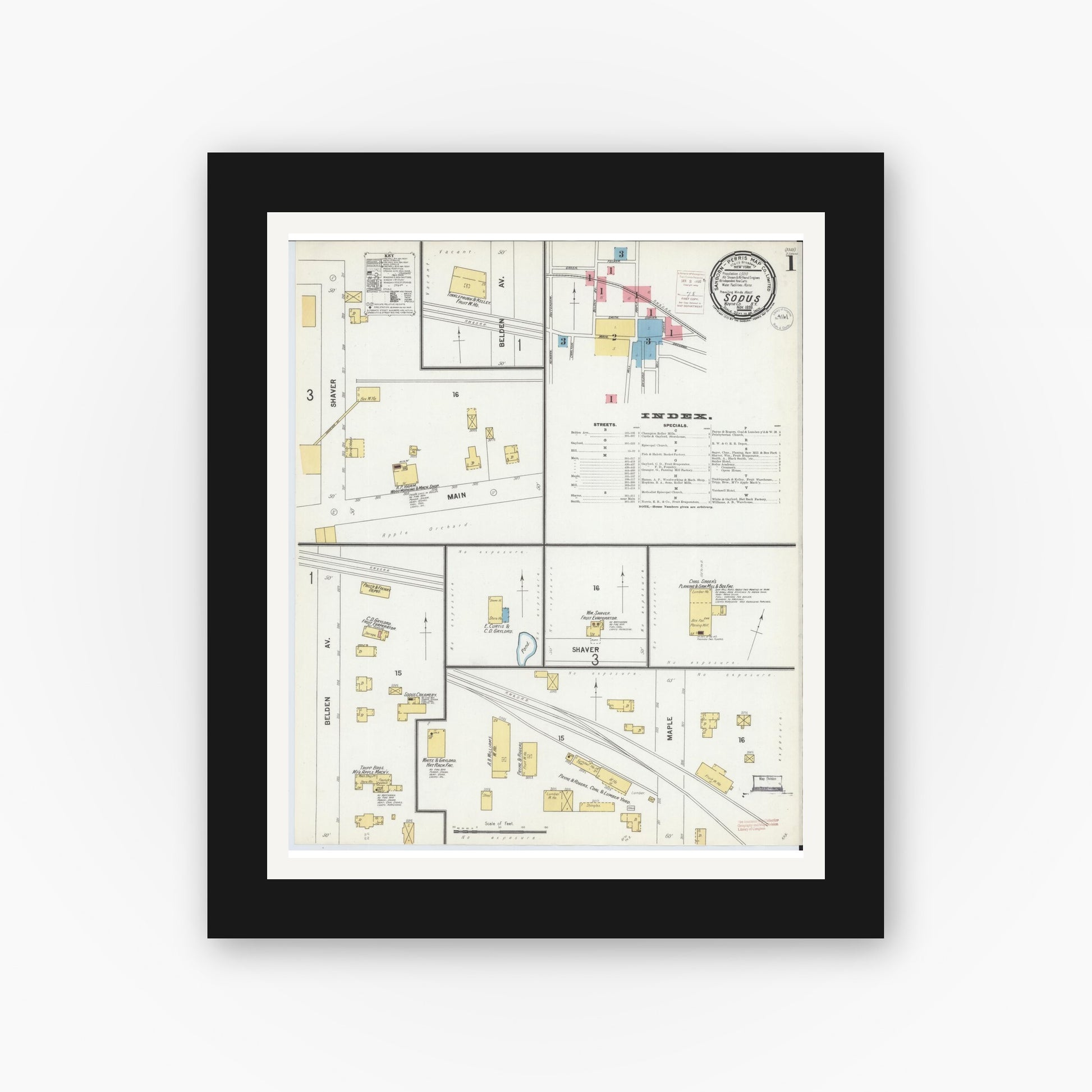 Old map wall art mockup — black gallery frame with white mat — Sanborn Fire Insurance Map from Sodus, Wayne County, New York (1899), Sheet #0001