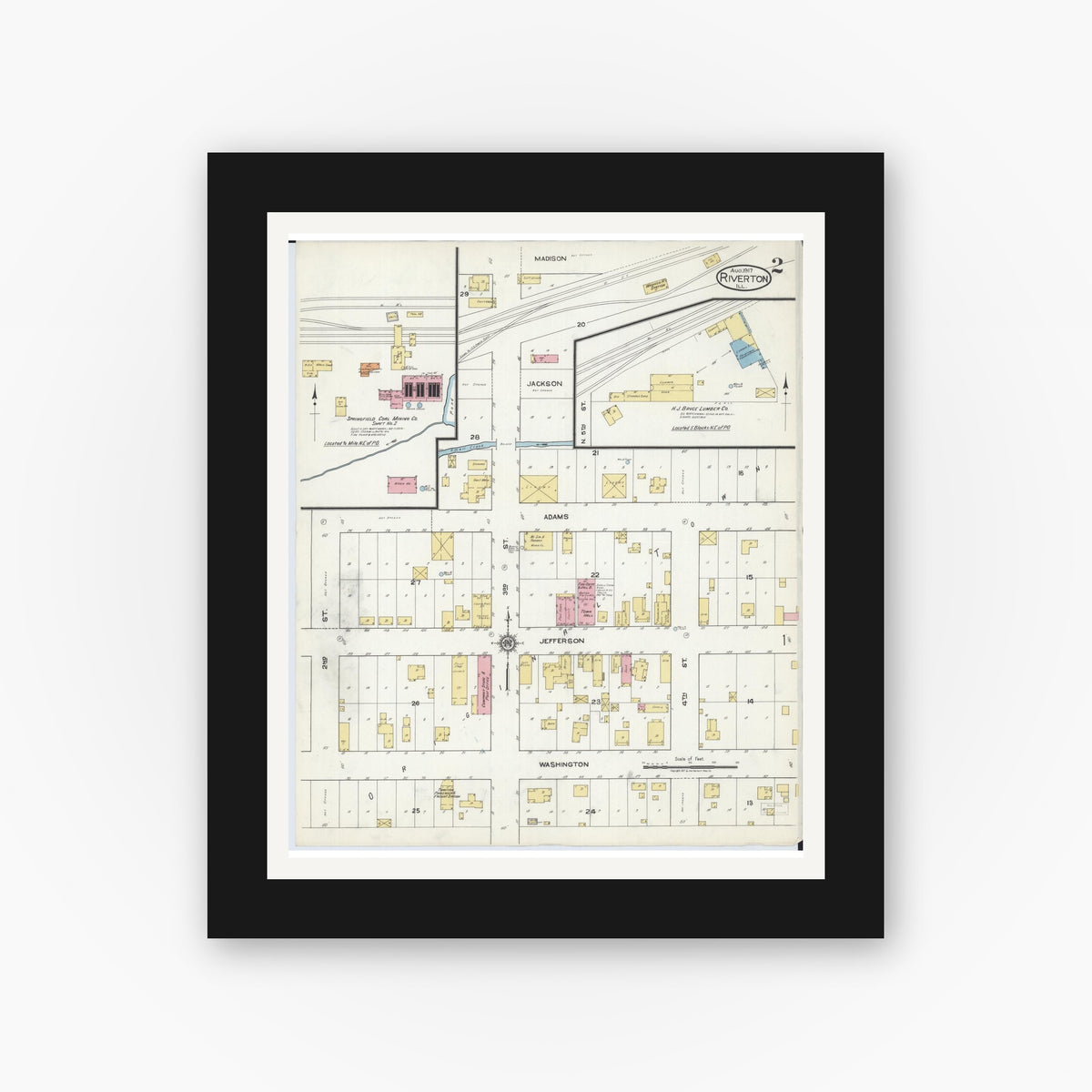 Old map wall art mockup — black gallery frame with white mat — Sanborn Fire Insurance Map from Riverton, Sangamon County, Illinois (1917), Sheet #0002