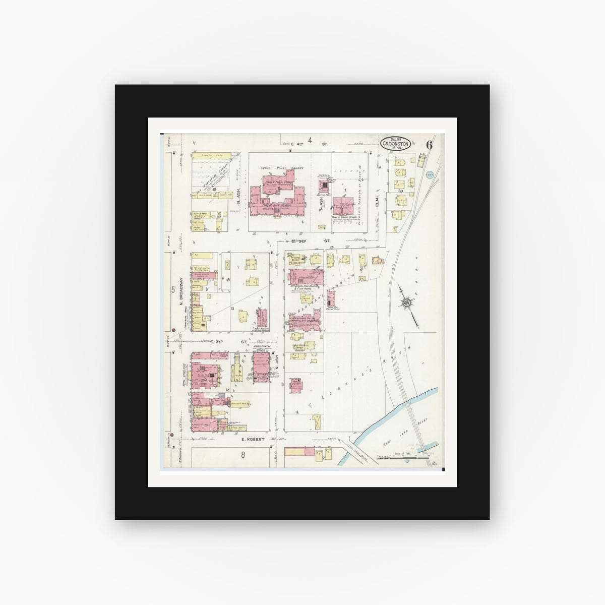 Old map wall art mockup — black gallery frame with white mat — Sanborn Fire Insurance Map from Crookston, Polk County, Minnesota (1913), Sheet #0006