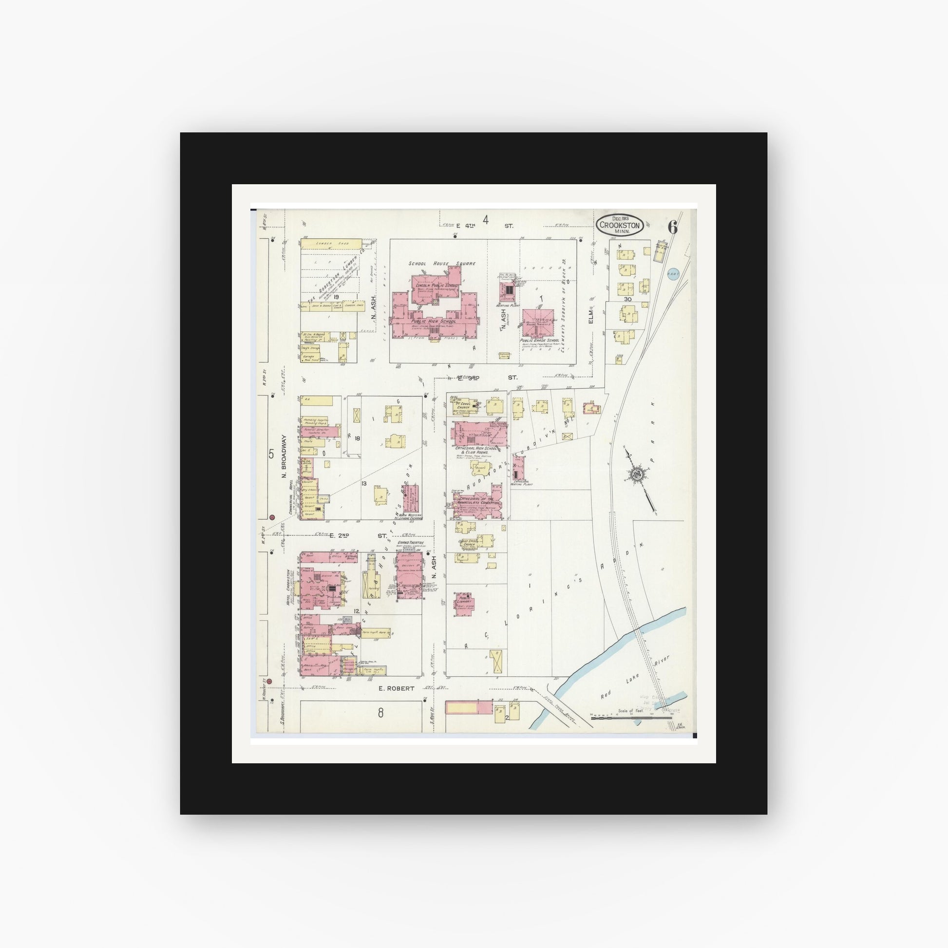 Old map wall art mockup — black gallery frame with white mat — Sanborn Fire Insurance Map from Crookston, Polk County, Minnesota (1913), Sheet #0006