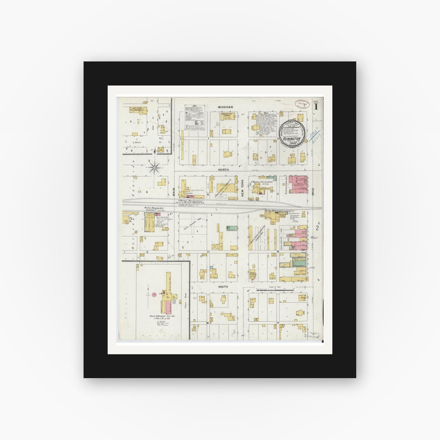 Old map wall art mockup — black gallery frame with white mat — Sanborn Fire Insurance Map from Remington, Jasper County, Indiana (1899) - Complete Map Set