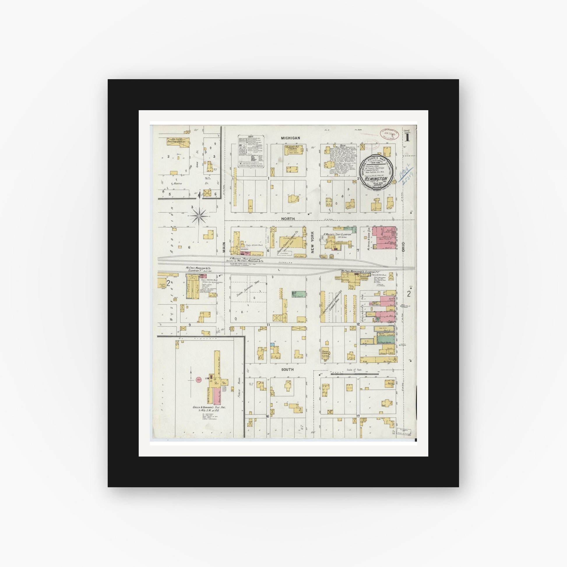 Old map wall art mockup — black gallery frame with white mat — Sanborn Fire Insurance Map from Remington, Jasper County, Indiana (1899) - Complete Map Set