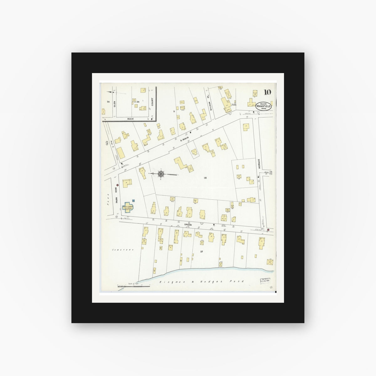 Old map wall art mockup — black gallery frame with white mat — Sanborn Fire Insurance Map from Mansfield, Bristol County, Massachusetts (1911), Sheet #0010
