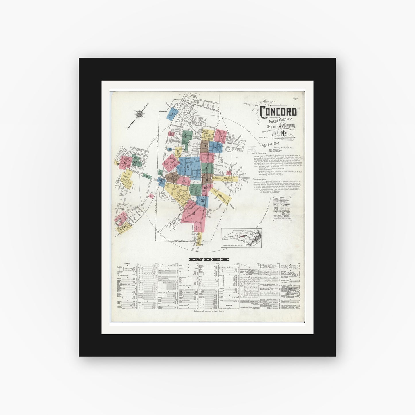 Old map wall art mockup — black gallery frame with white mat — Sanborn Fire Insurance Map from Concord, Cabarrus County, North Carolina (1921) - Complete Map Set