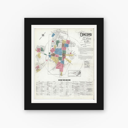 Old map wall art mockup — black gallery frame with white mat — Sanborn Fire Insurance Map from Concord, Cabarrus County, North Carolina (1921) - Complete Map Set