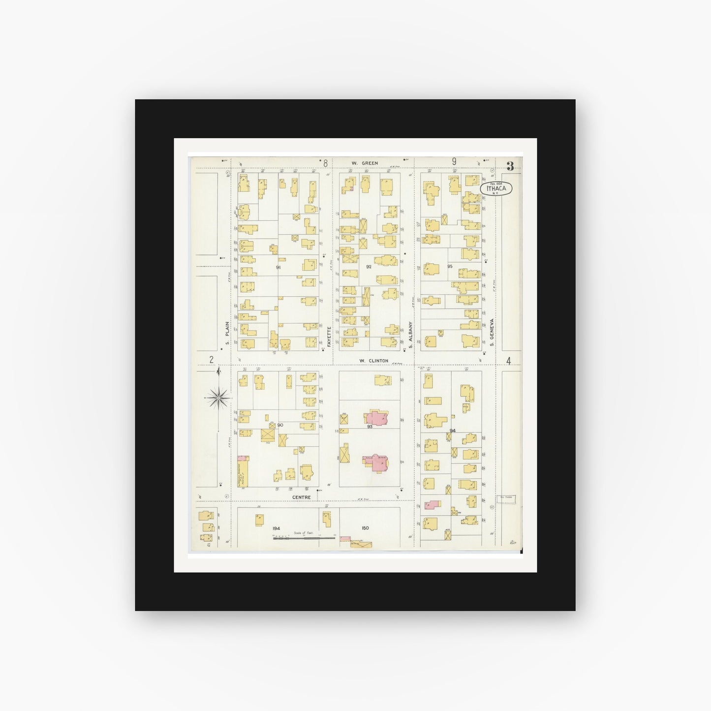 Old map wall art mockup — black gallery frame with white mat — Sanborn Fire Insurance Map from Ithaca, Tompkins County, New York (1904), Sheet #0003