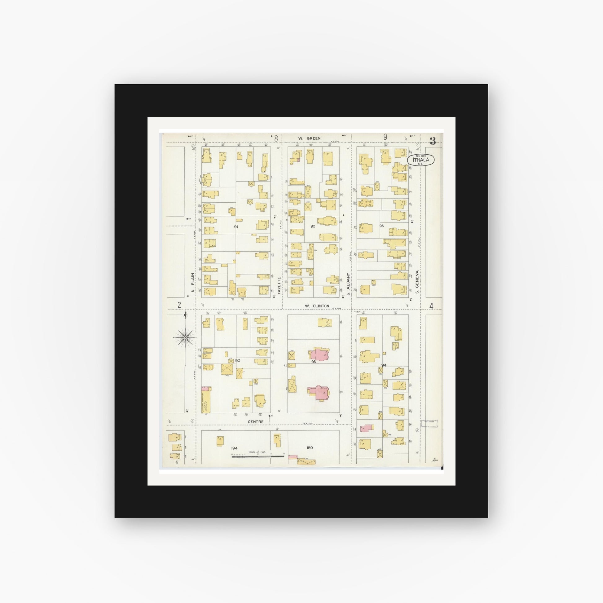 Old map wall art mockup — black gallery frame with white mat — Sanborn Fire Insurance Map from Ithaca, Tompkins County, New York (1904), Sheet #0003