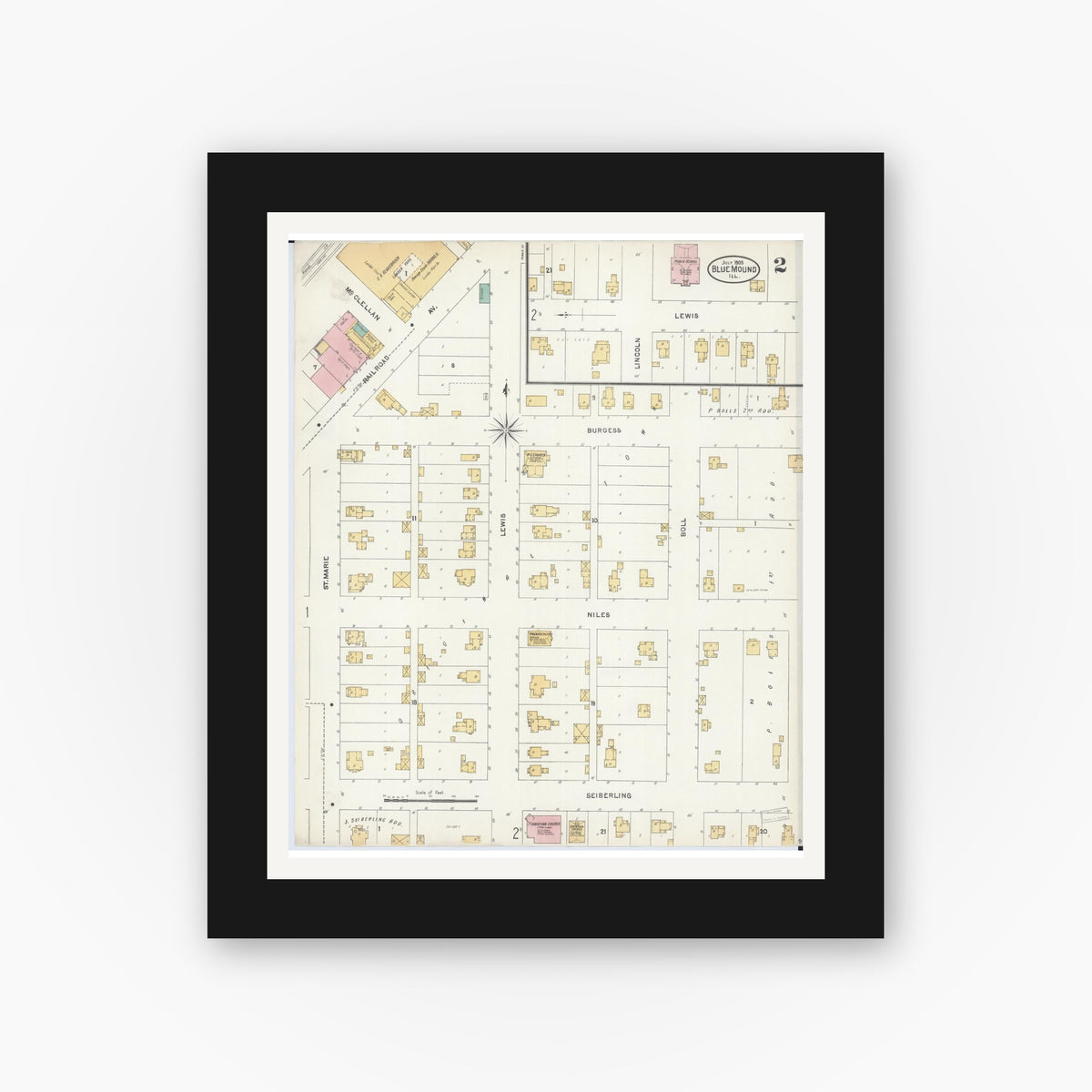Old map wall art mockup — black gallery frame with white mat — Sanborn Fire Insurance Map from Blue Mound, Macon County, Illinois (1905), Sheet #0002