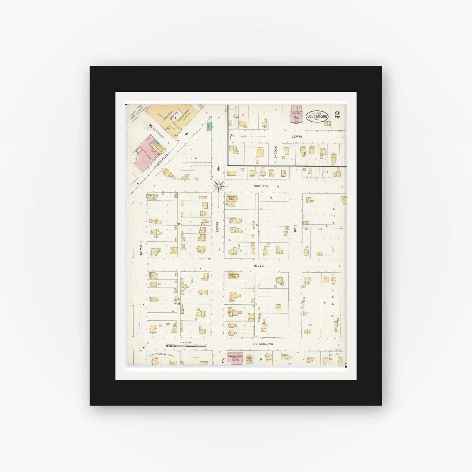 Old map wall art mockup — black gallery frame with white mat — Sanborn Fire Insurance Map from Blue Mound, Macon County, Illinois (1905), Sheet #0002