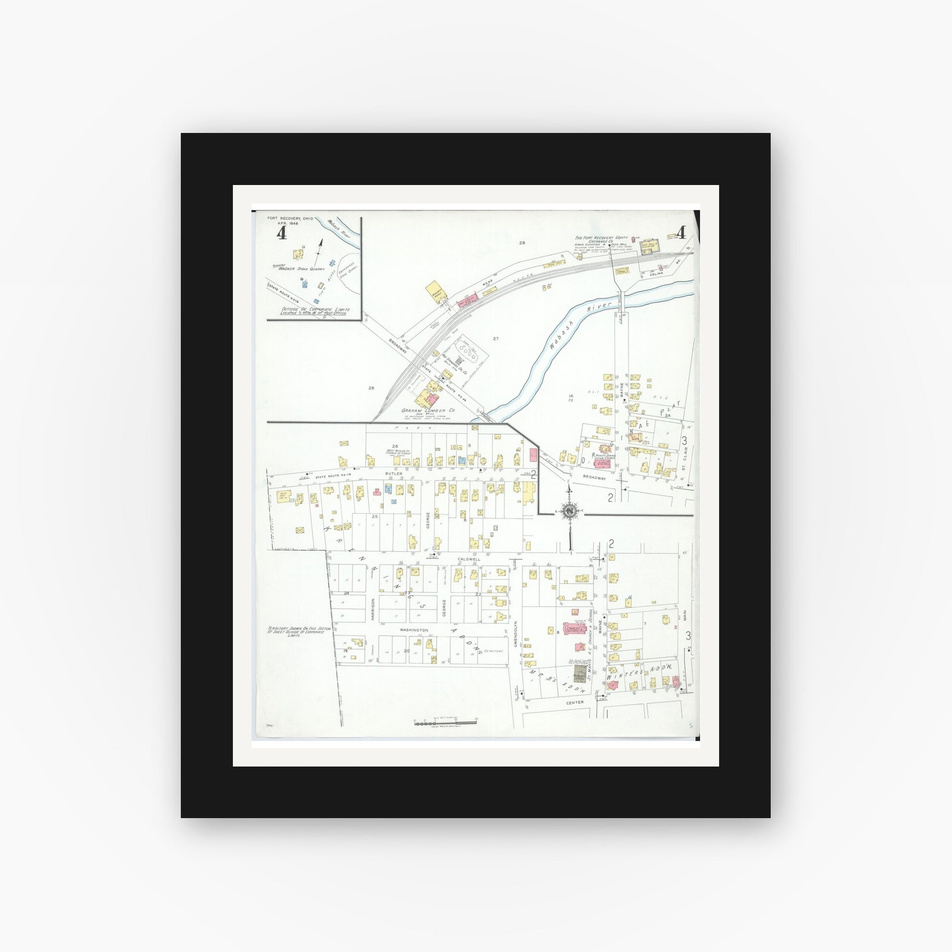 Old map wall art mockup — black gallery frame with white mat — Sanborn Fire Insurance Map from Fort Recovery, Mercer County, Ohio (1946), Sheet #0004