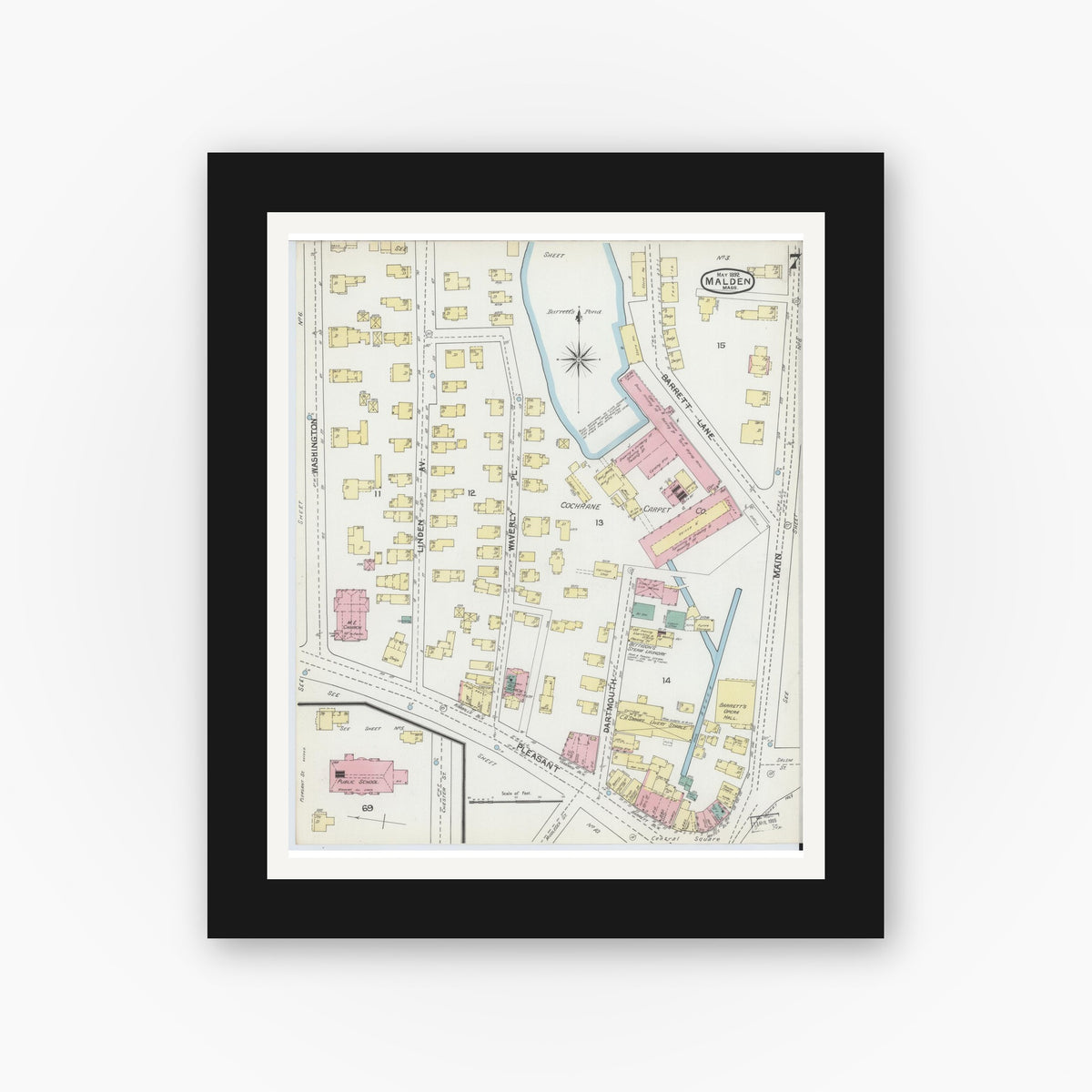 Old map wall art mockup — black gallery frame with white mat — Sanborn Fire Insurance Map from Malden, Middlesex County, Massachusetts (1892), Sheet #0007