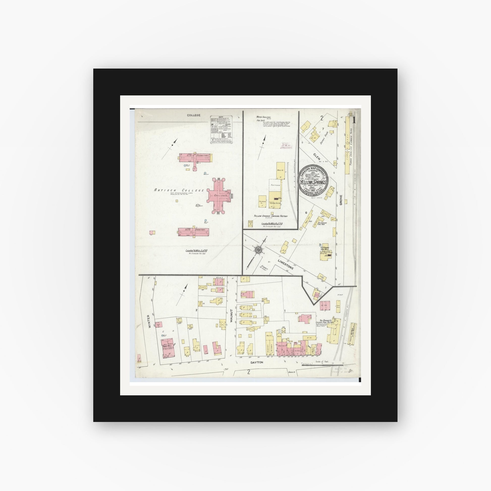 Old map wall art mockup — black gallery frame with white mat — Sanborn Fire Insurance Map from Yellow Springs, Greene County, Ohio (1910) - Complete Map Set