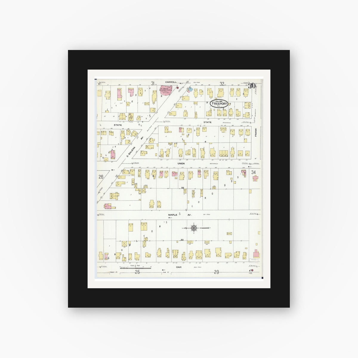 Old map wall art mockup — black gallery frame with white mat — Sanborn Fire Insurance Map from Freeport, Stephenson County, Illinois (1910), Sheet #0030