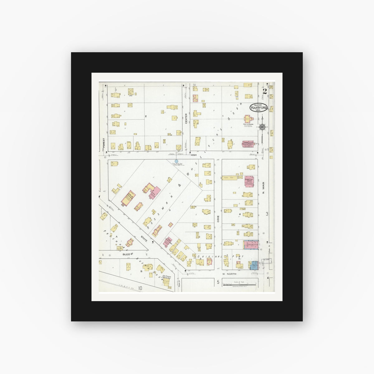 Old map wall art mockup — black gallery frame with white mat — Sanborn Fire Insurance Map from Hartford, Washington County, Wisconsin (1918), Sheet #0002
