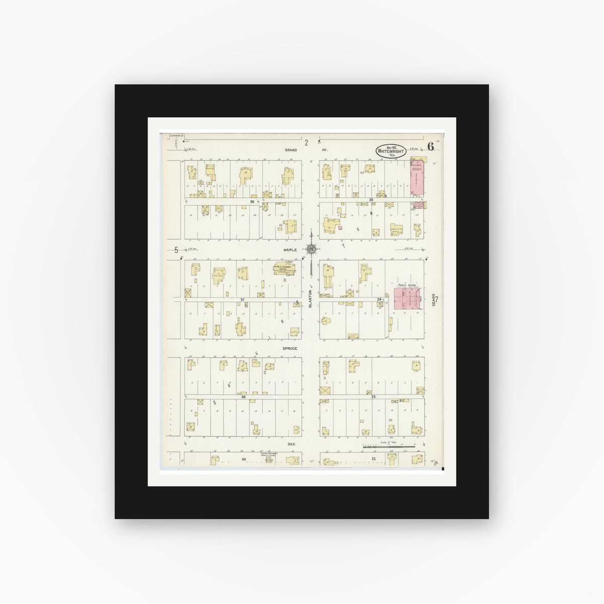 Old map wall art mockup — black gallery frame with white mat — Sanborn Fire Insurance Map from Whitewright, Grayson County, Texas (1912), Sheet #0006
