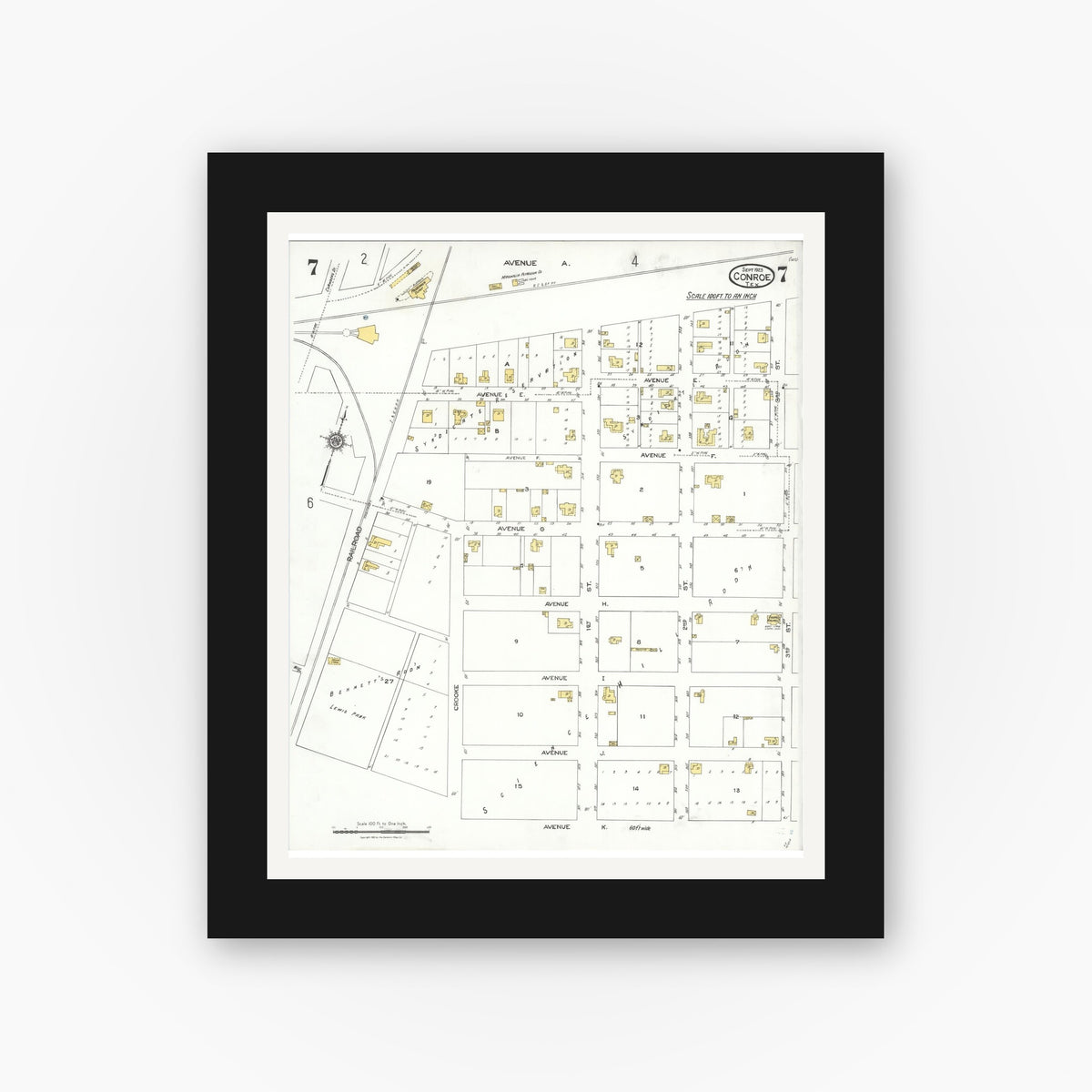 Old map wall art mockup — black gallery frame with white mat — Sanborn Fire Insurance Map from Conroe, Montgomery County, Texas (1923), Sheet #0007