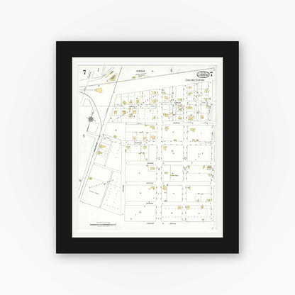 Old map wall art mockup — black gallery frame with white mat — Sanborn Fire Insurance Map from Conroe, Montgomery County, Texas (1923), Sheet #0007