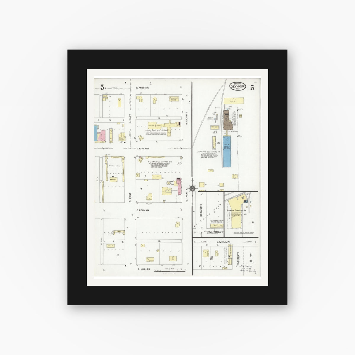 Old map wall art mockup — black gallery frame with white mat — Sanborn Fire Insurance Map from Seymour, Baylor County, Texas (1925), Sheet #0005