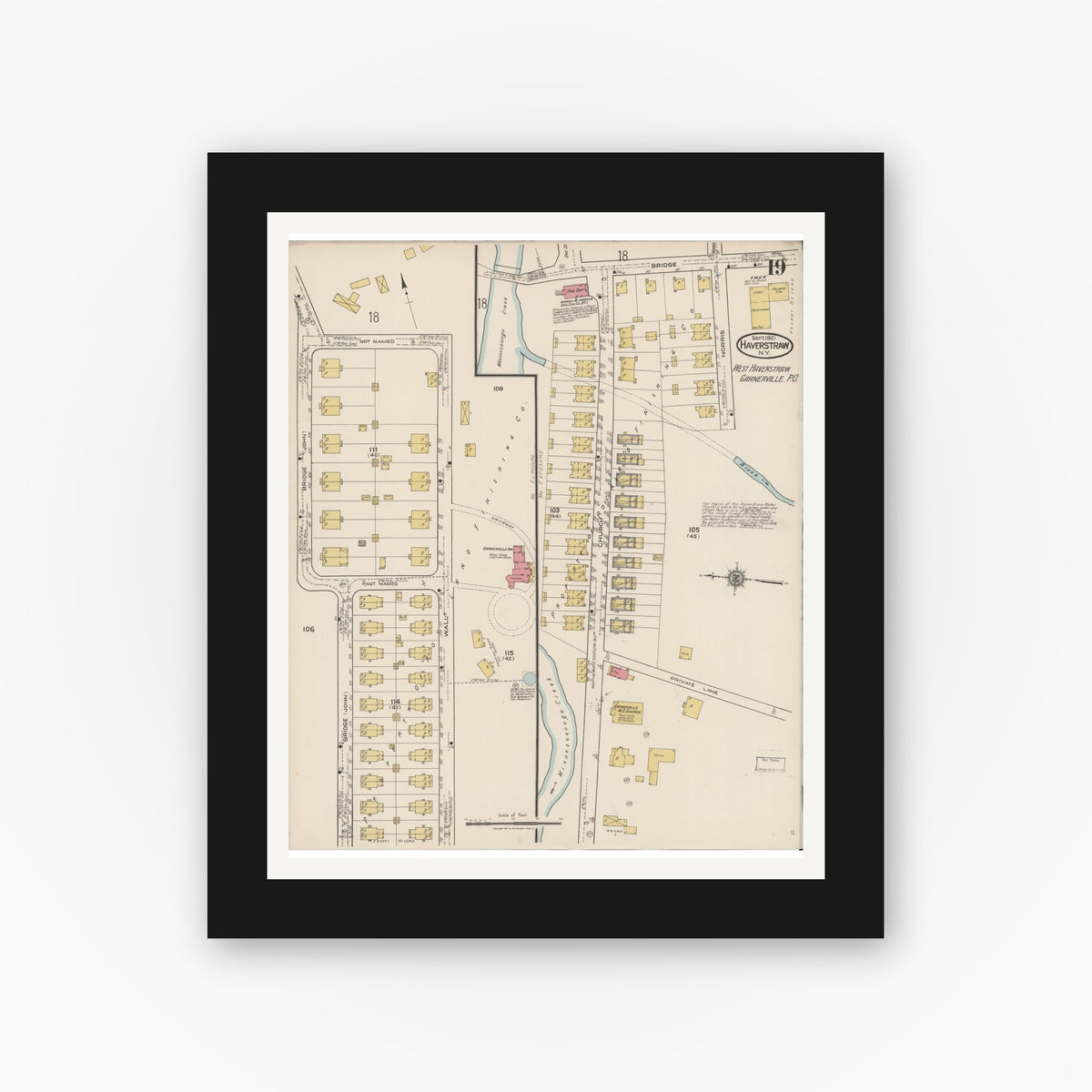 Old map wall art mockup — black gallery frame with white mat — Sanborn Fire Insurance Map from Haverstraw, Rockland County, New York (1921), Sheet #0019