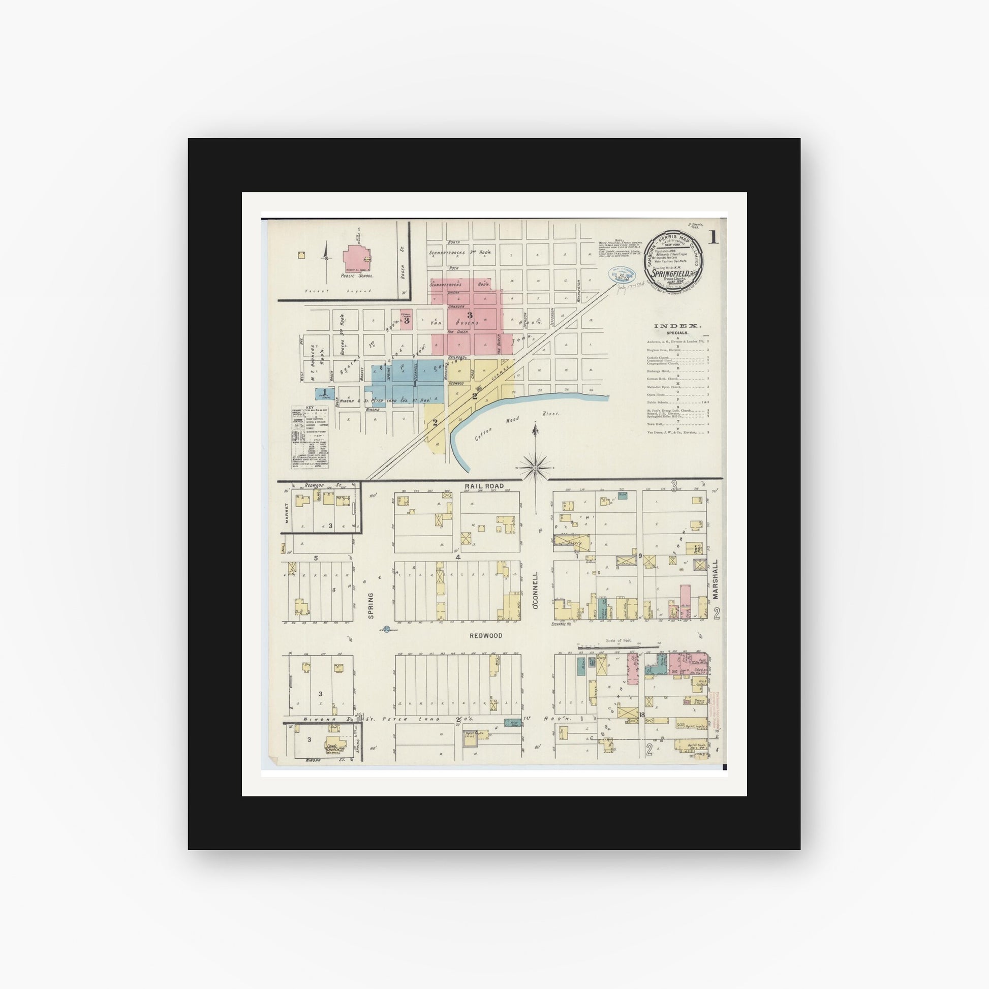 Old map wall art mockup — black gallery frame with white mat — Sanborn Fire Insurance Map from Springfield, Brown County, Minnesota (1894) - Complete Map Set