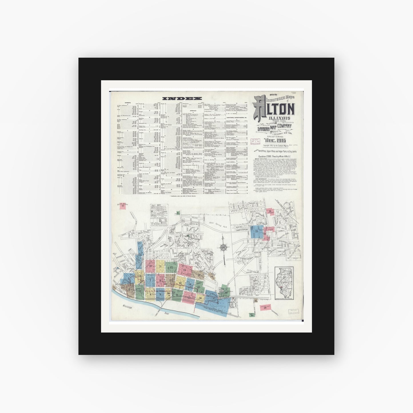 Old map wall art mockup — black gallery frame with white mat — Sanborn Fire Insurance Map from Alton, Madison County, Illinois (1915), Sheet #0001