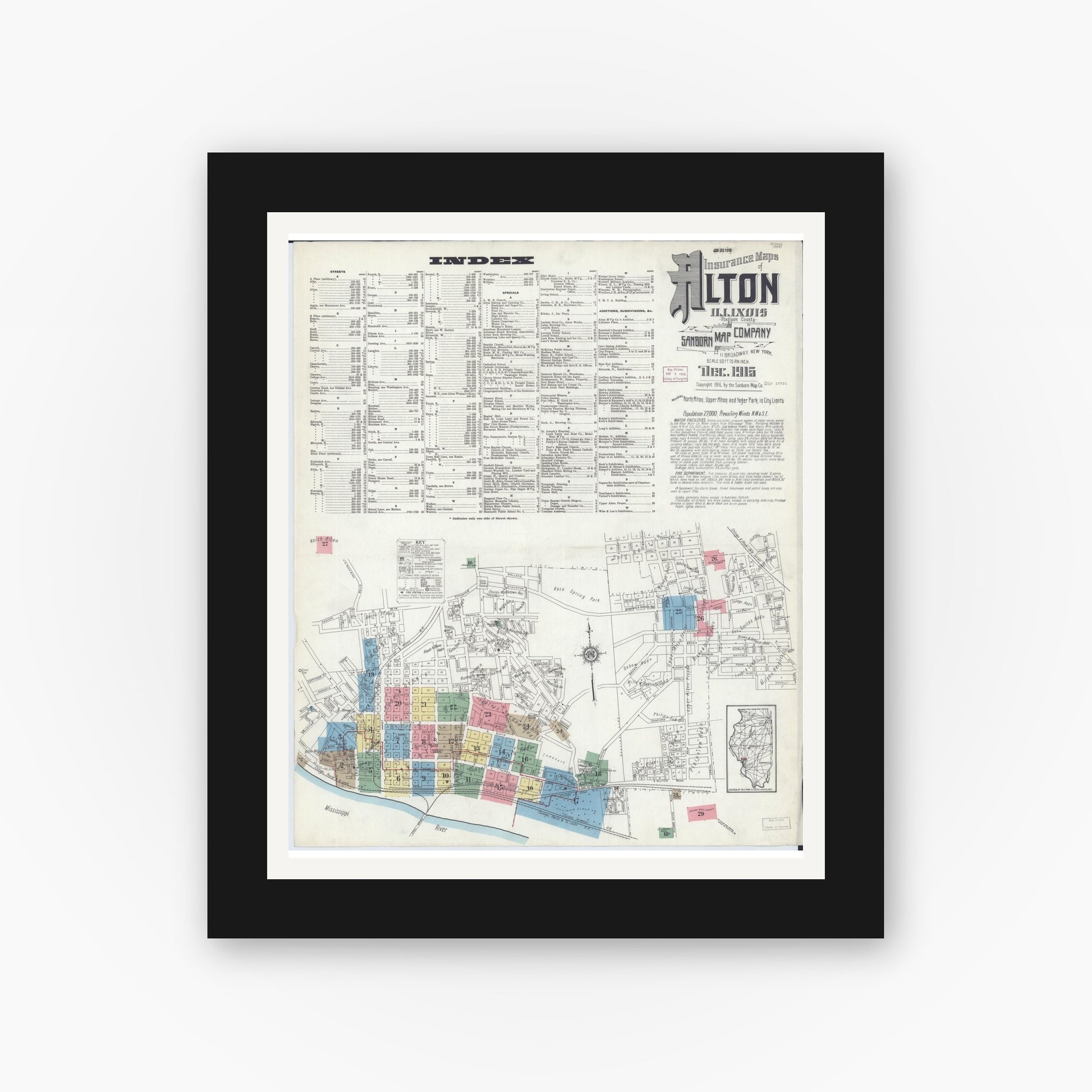 Old map wall art mockup — black gallery frame with white mat — Sanborn Fire Insurance Map from Alton, Madison County, Illinois (1915), Sheet #0001