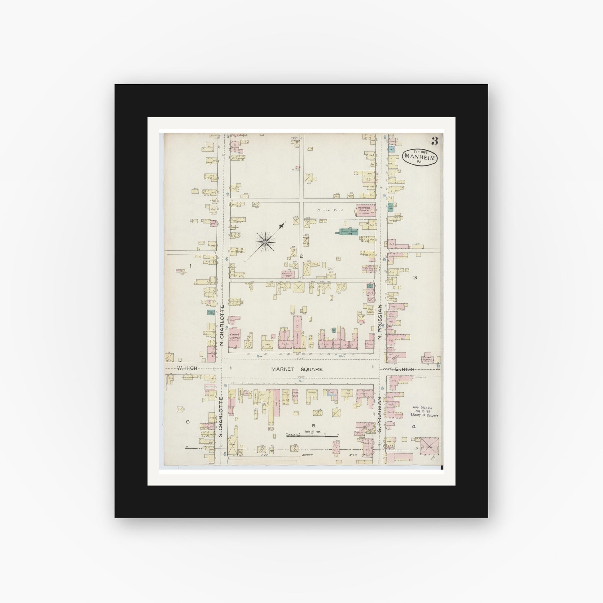 Old map wall art mockup — black gallery frame with white mat — Sanborn Fire Insurance Map from Manheim, Lancaster County, Pennsylvania (1886), Sheet #0003