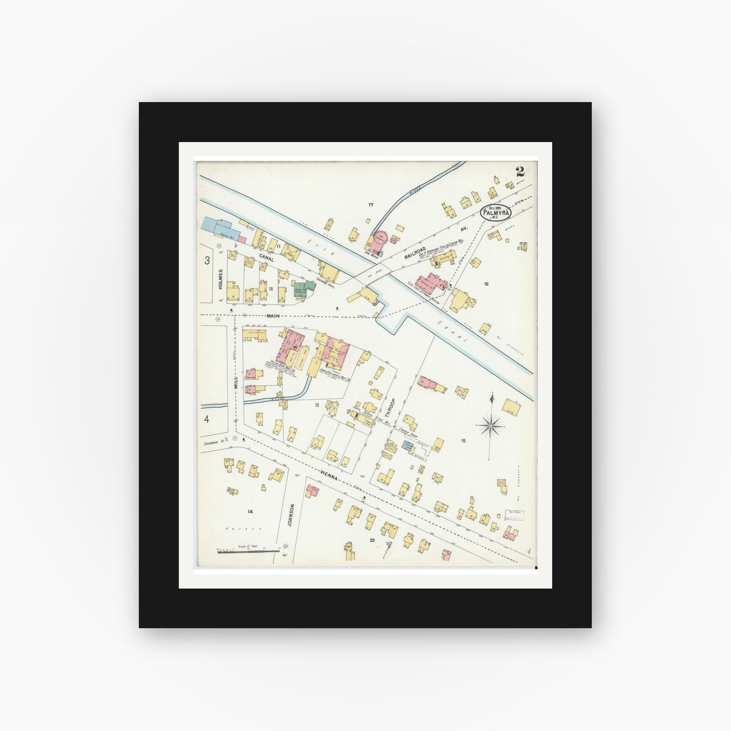Old map wall art mockup — black gallery frame with white mat — Sanborn Fire Insurance Map from Palmyra, Wayne County, New York (1899) - Complete Map Set
