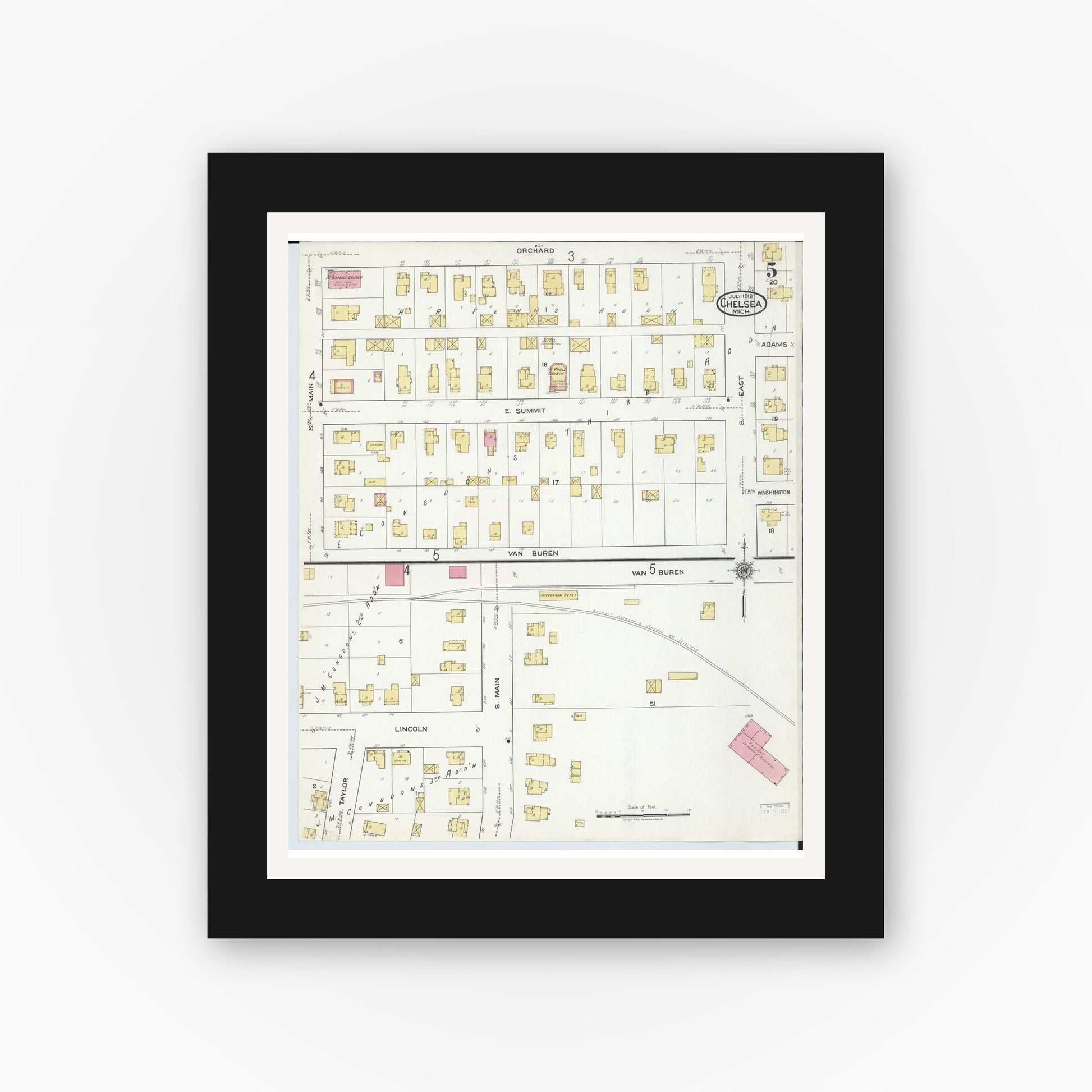 Old map wall art mockup — black gallery frame with white mat — Sanborn Fire Insurance Map from Chelsea, Washtenaw County, Michigan (1918), Sheet #0005