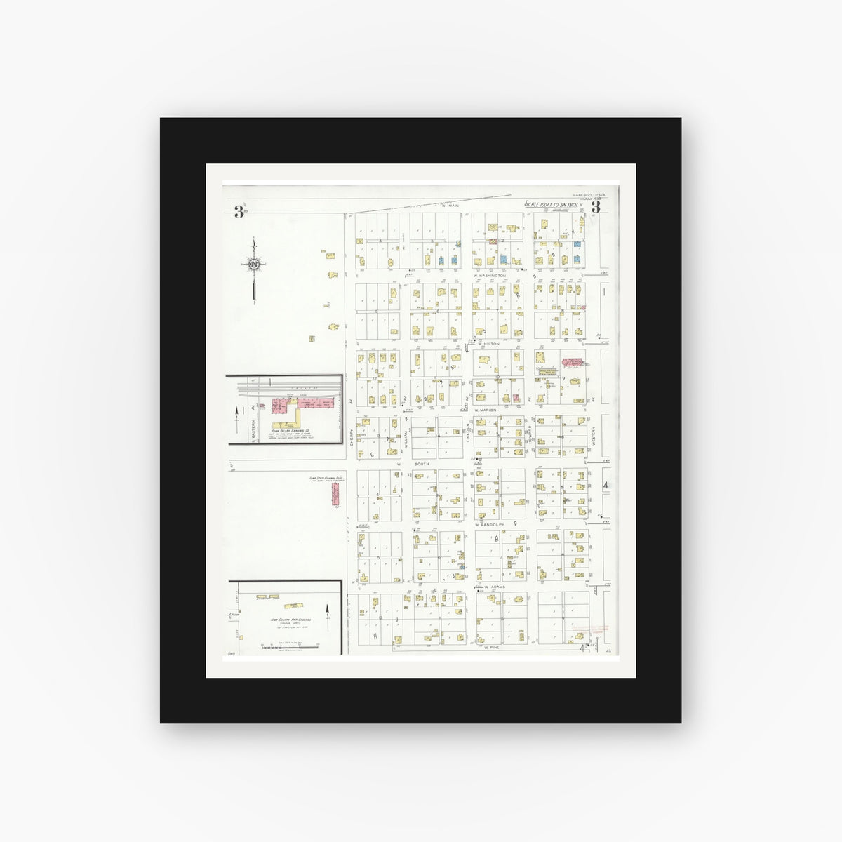 Old map wall art mockup — black gallery frame with white mat — Sanborn Fire Insurance Map from Marengo, Iowa County, Iowa (1933), Sheet #0003