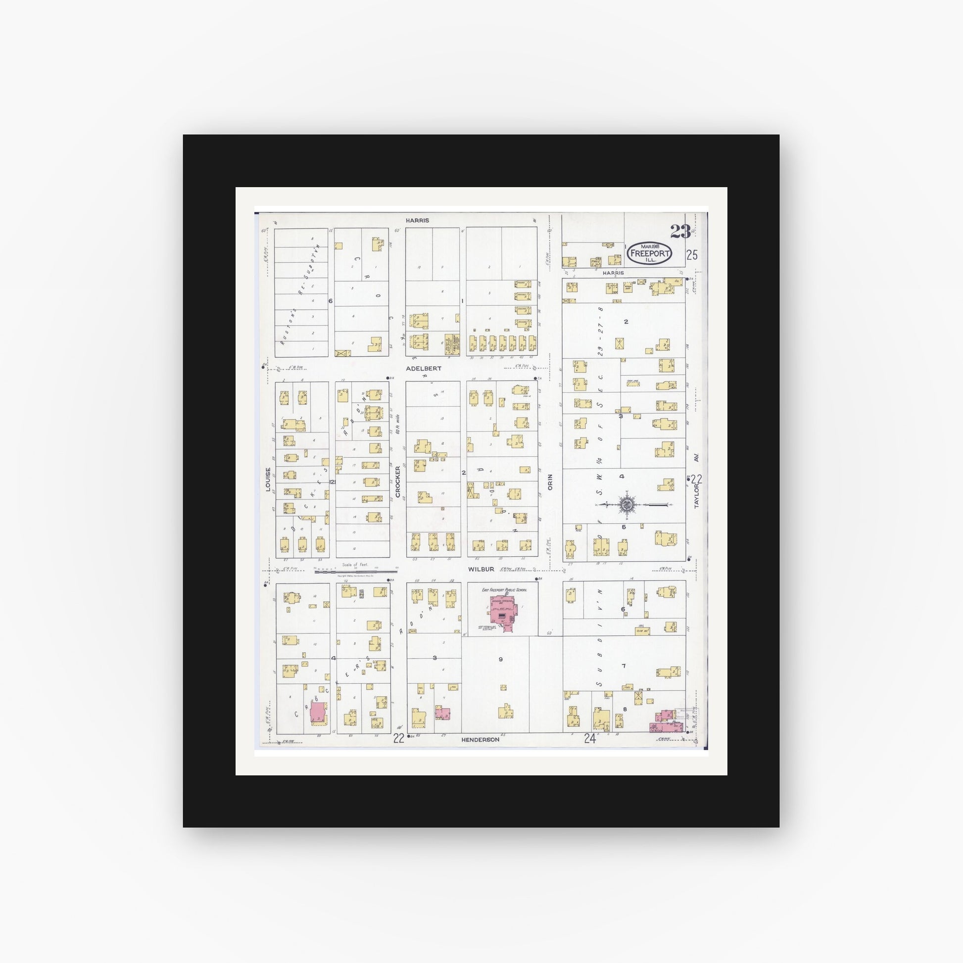 Old map wall art mockup — black gallery frame with white mat — Sanborn Fire Insurance Map from Freeport, Stephenson County, Illinois (1918), Sheet #0023