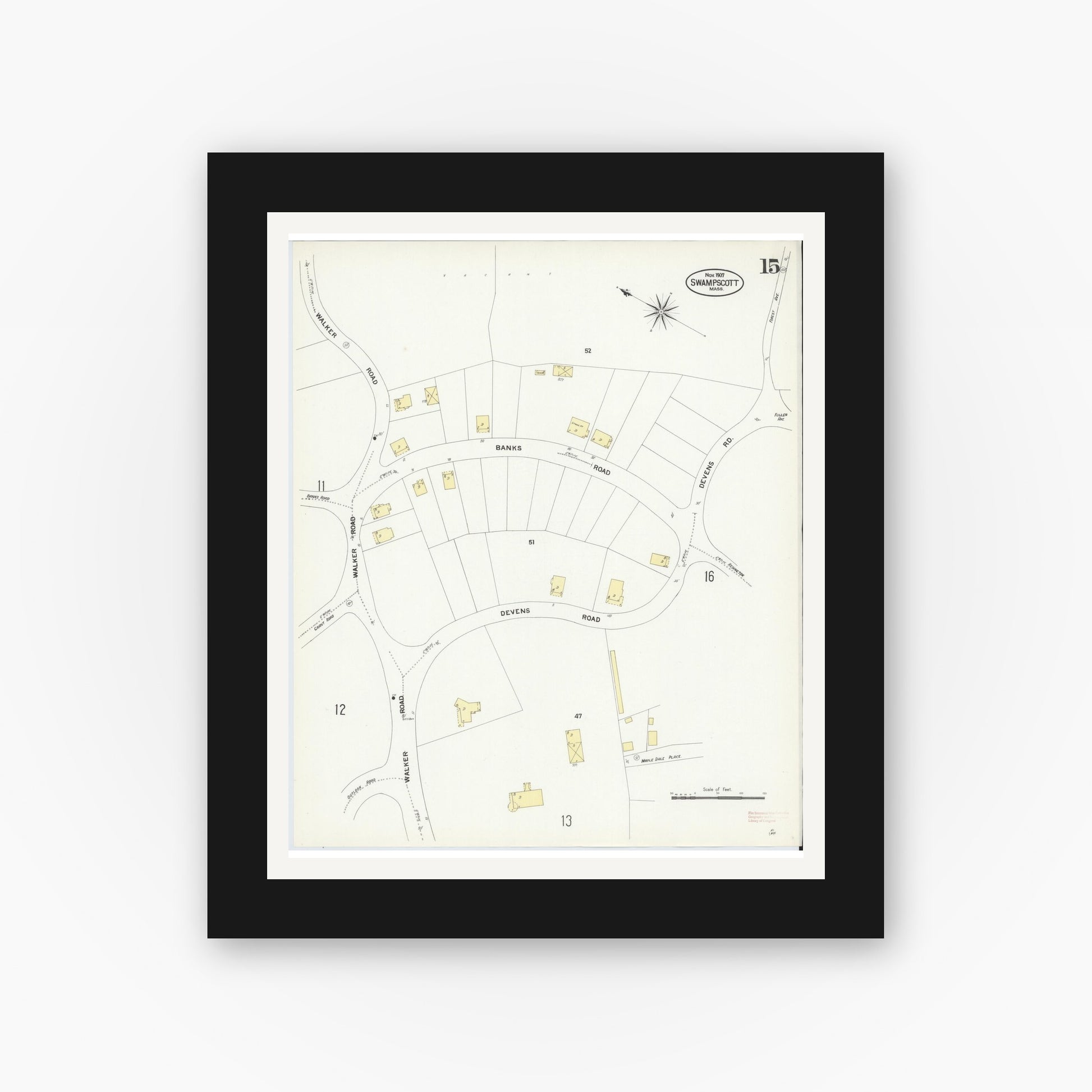 Old map wall art mockup — black gallery frame with white mat — Sanborn Fire Insurance Map from Swampscott, Essex County, Massachusetts (1907), Sheet #0015