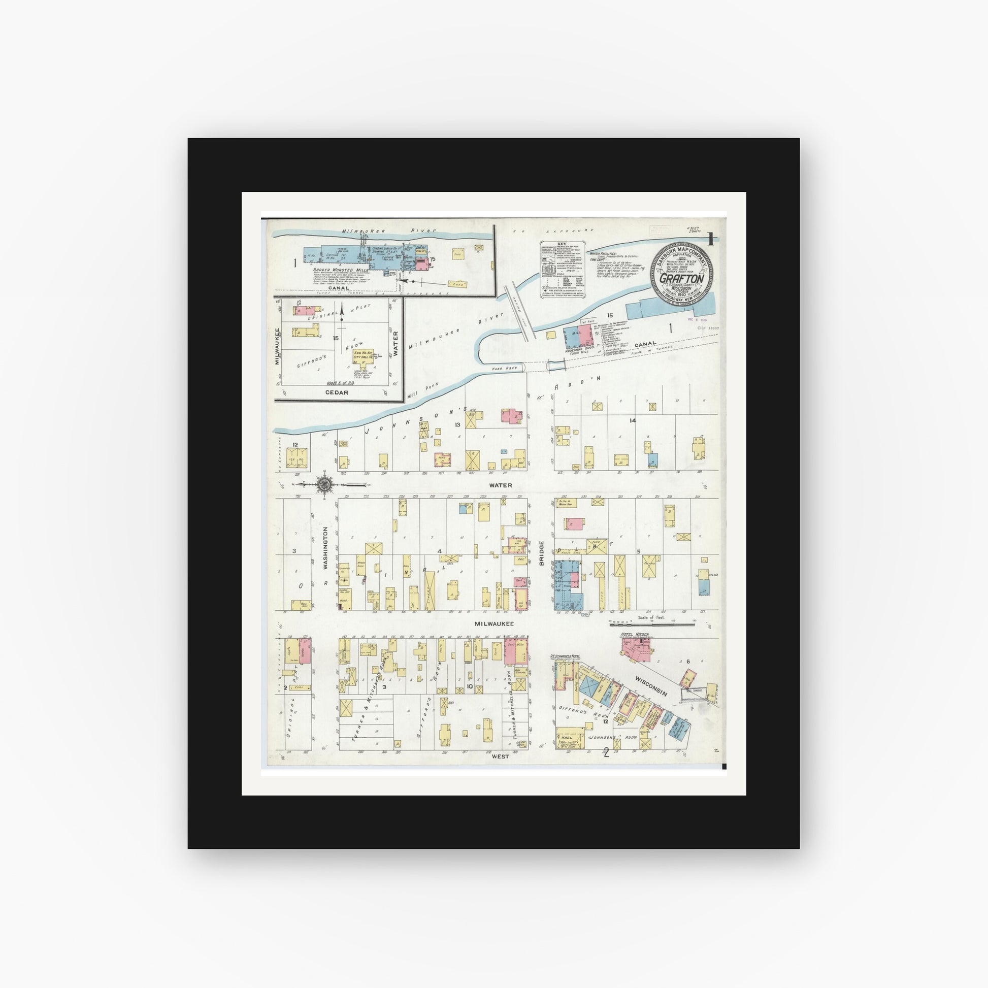 Old map wall art mockup — black gallery frame with white mat — Sanborn Fire Insurance Map from Grafton, Ozankee County, Wisconsin (1910), Sheet #0001