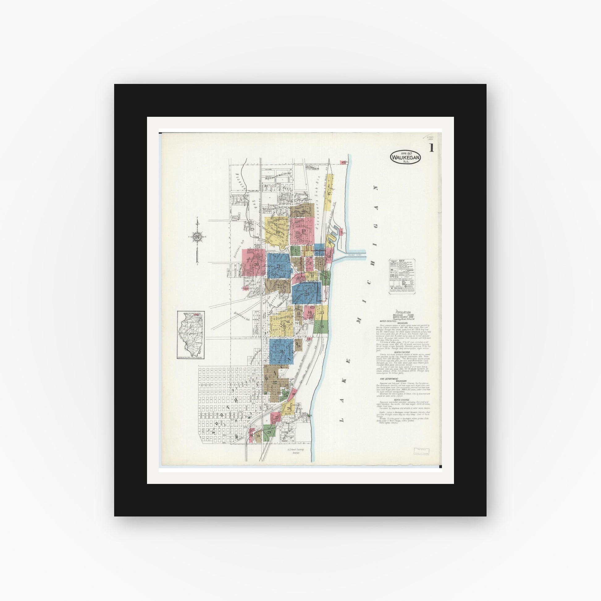 Old map wall art mockup — black gallery frame with white mat — Sanborn Fire Insurance Map from Waukegan, Lake County, Illinois (1917) - Complete Map Set