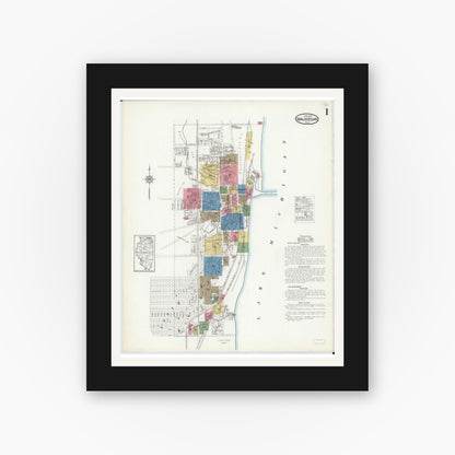 Old map wall art mockup — black gallery frame with white mat — Sanborn Fire Insurance Map from Waukegan, Lake County, Illinois (1917) - Complete Map Set