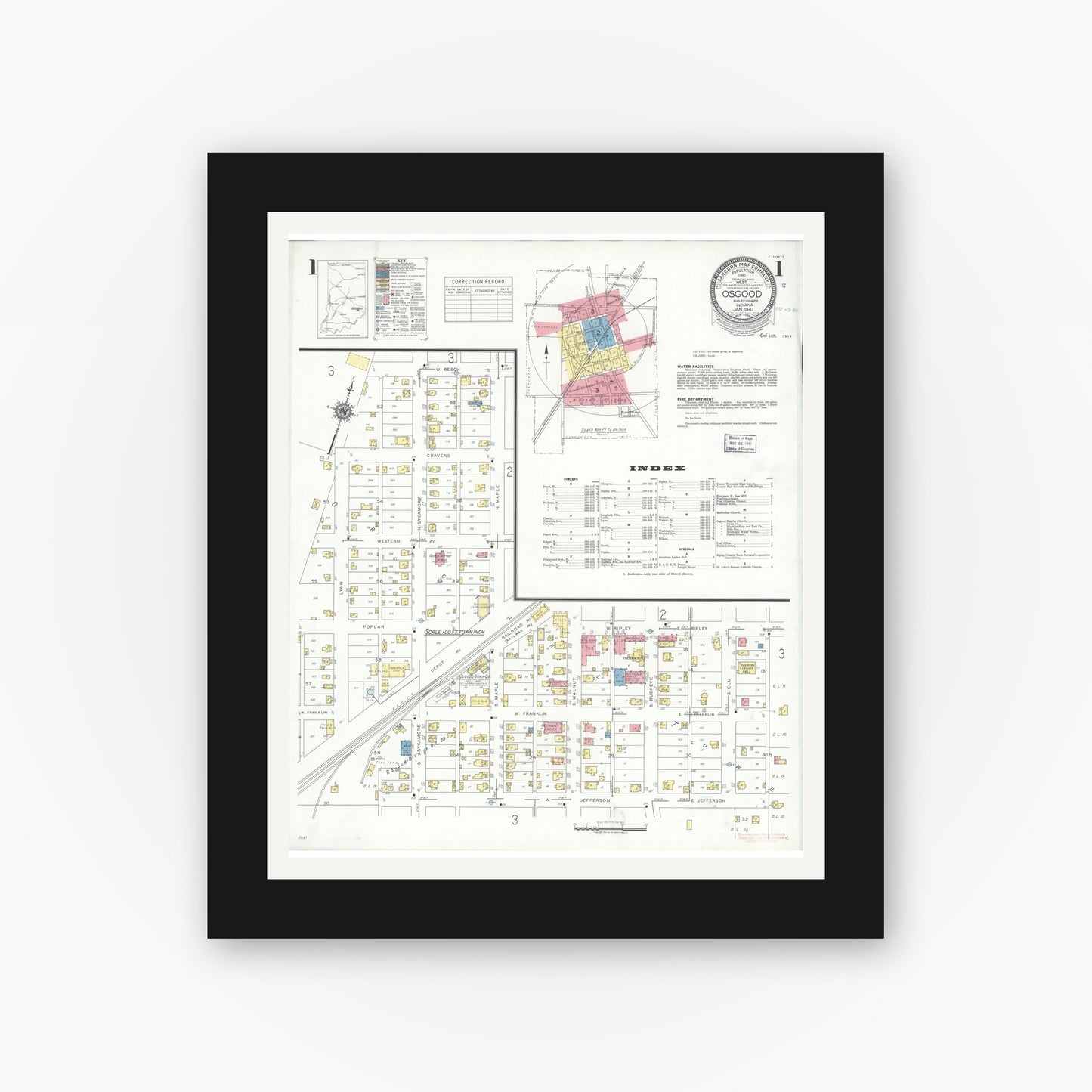 Old map wall art mockup — black gallery frame with white mat — Sanborn Fire Insurance Map from Osgood, Ripley County, Indiana (1941) - Complete Map Set