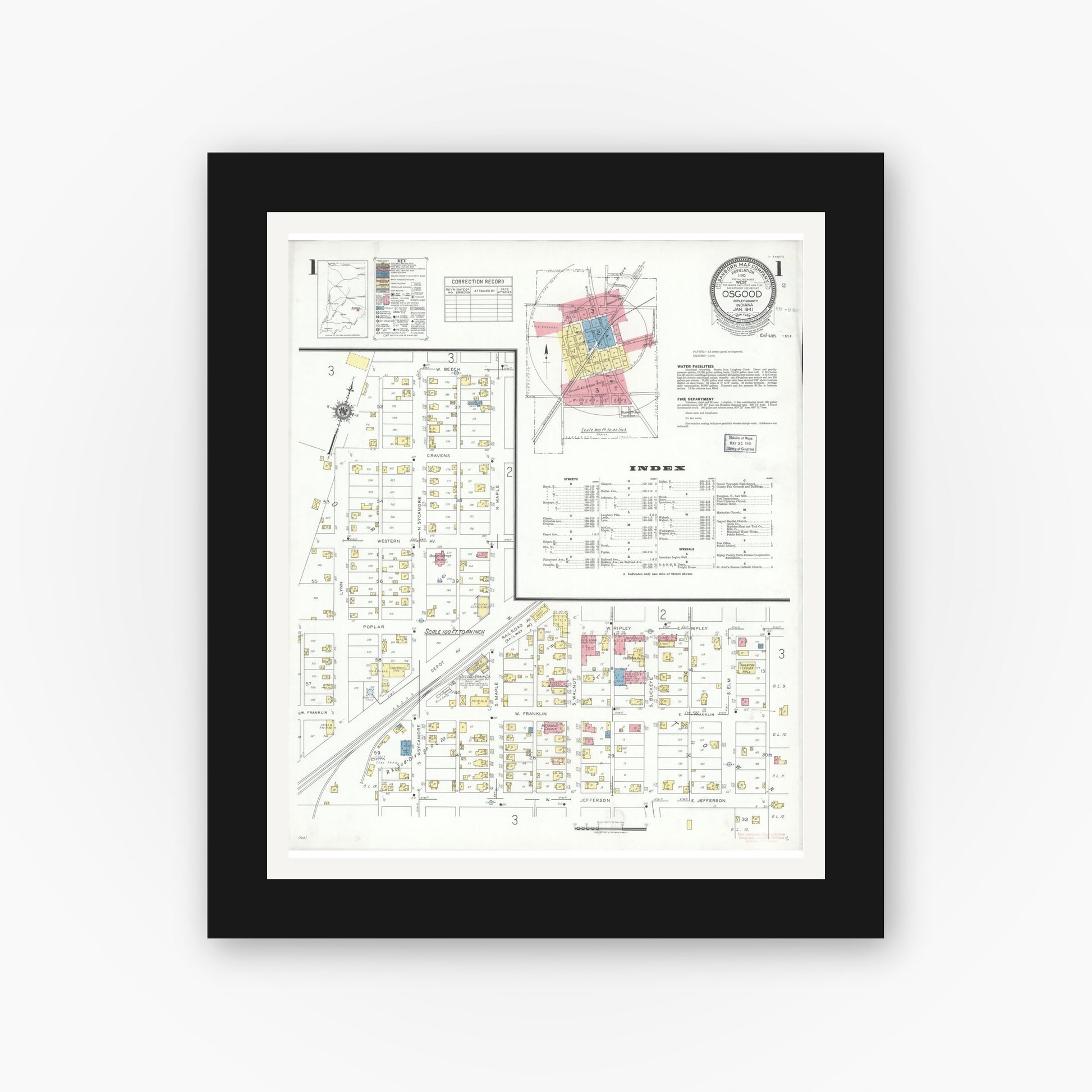 Old map wall art mockup — black gallery frame with white mat — Sanborn Fire Insurance Map from Osgood, Ripley County, Indiana (1941) - Complete Map Set