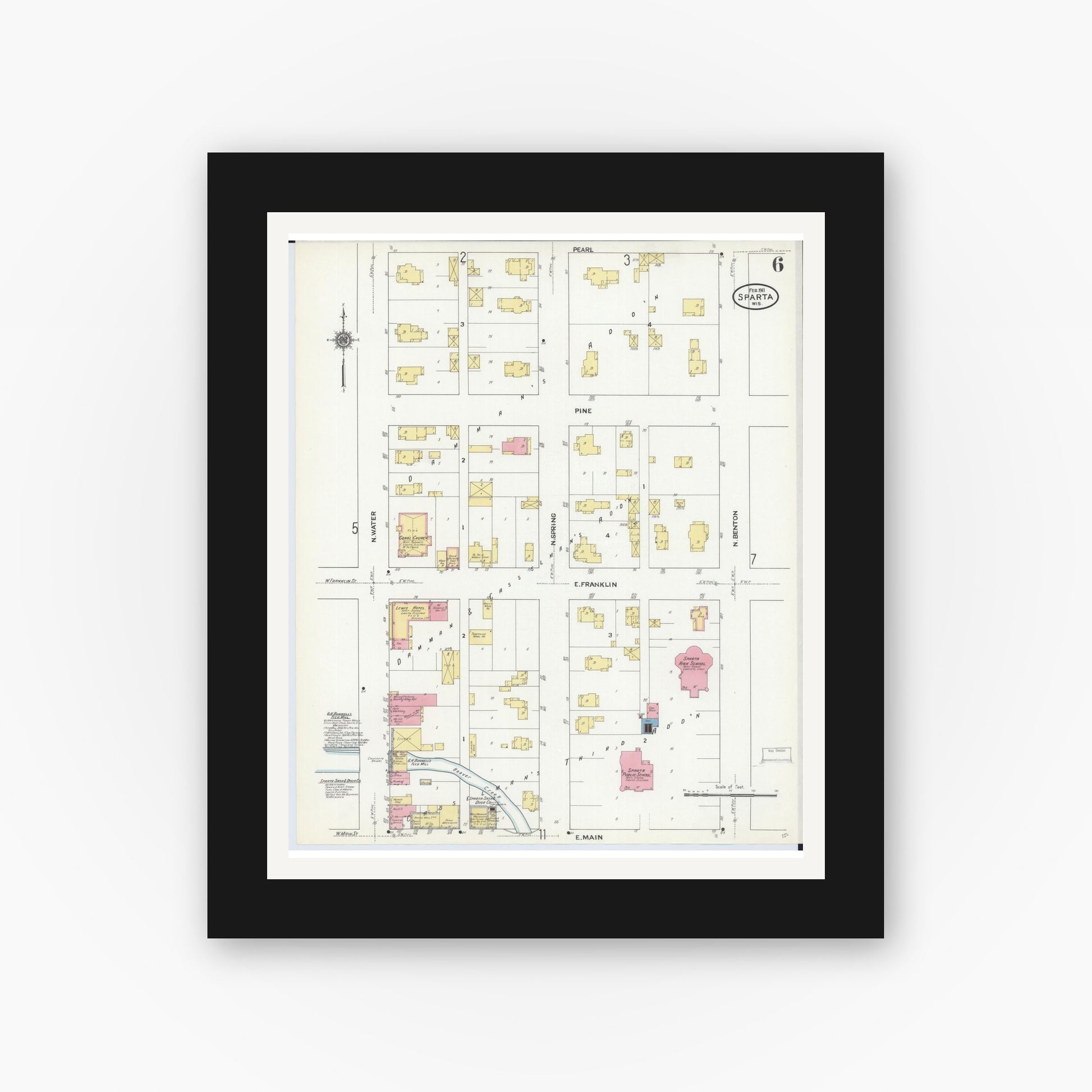 Old map wall art mockup — black gallery frame with white mat — Sanborn Fire Insurance Map from Sparta, Monroe County, Wisconsin (1911), Sheet #0006