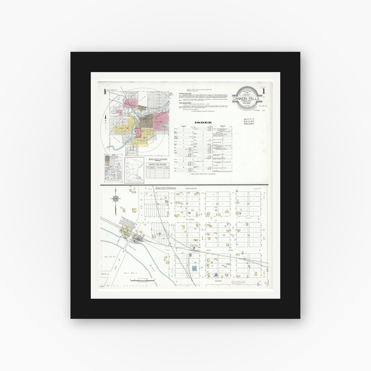 Old map wall art mockup — black gallery frame with white mat — Sanborn Fire Insurance Map from Cannon Falls, Goodhue County, Minnesota (1938) - Complete Map Set