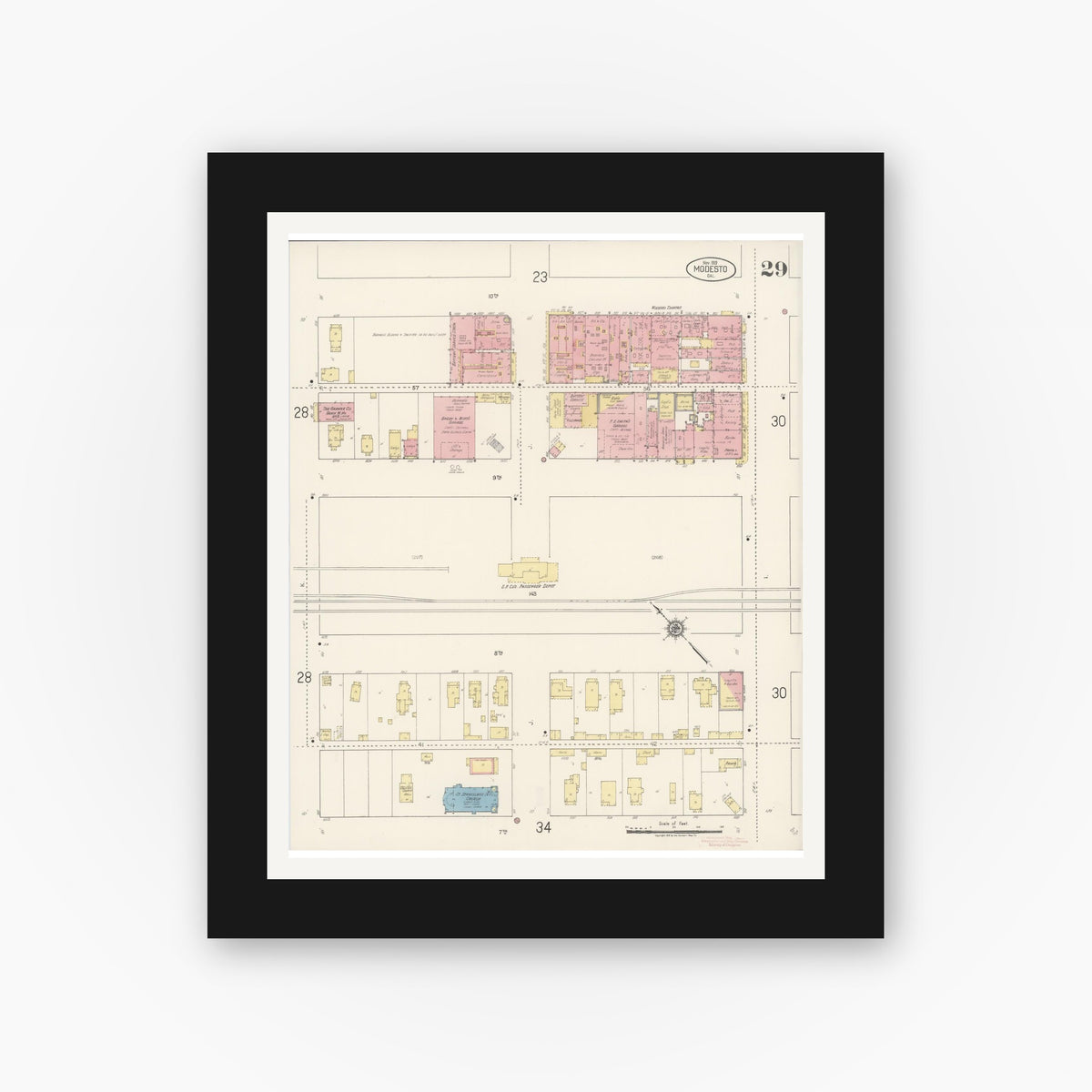 Old map wall art mockup — black gallery frame with white mat — Sanborn Fire Insurance Map from Modesto, Stanislaus County, California (1919), Sheet #0029