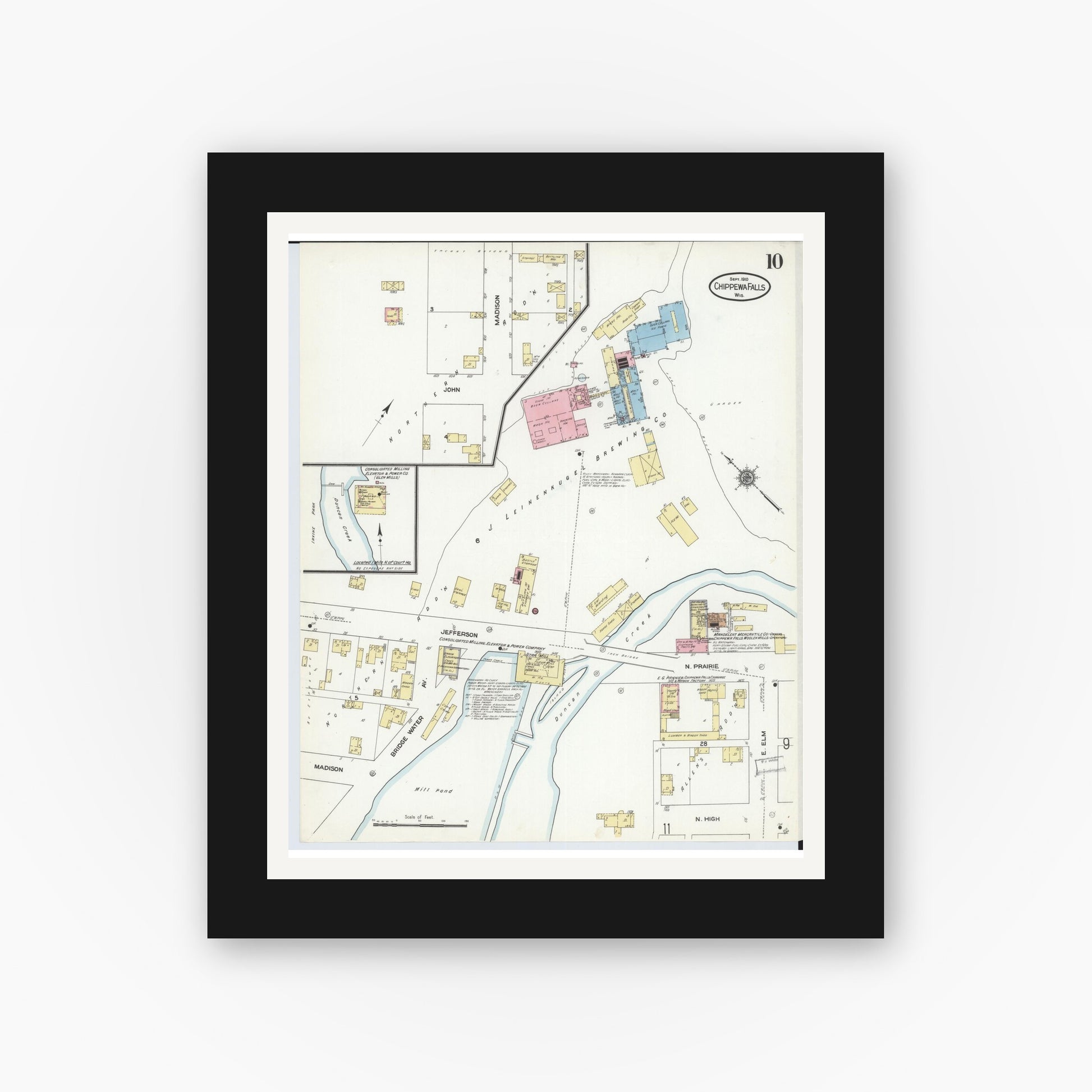 Old map wall art mockup — black gallery frame with white mat — Sanborn Fire Insurance Map from Chippewa Falls, Chippewa County, Wisconsin (1910), Sheet #0010