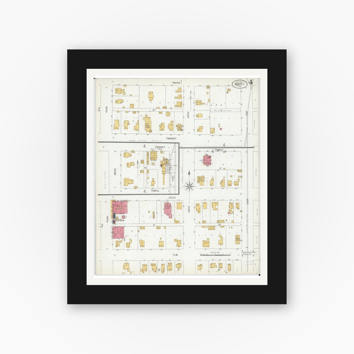 Old map wall art mockup — black gallery frame with white mat — Sanborn Fire Insurance Map from Waverly, Morgan County, Illinois (1906), Sheet #0004